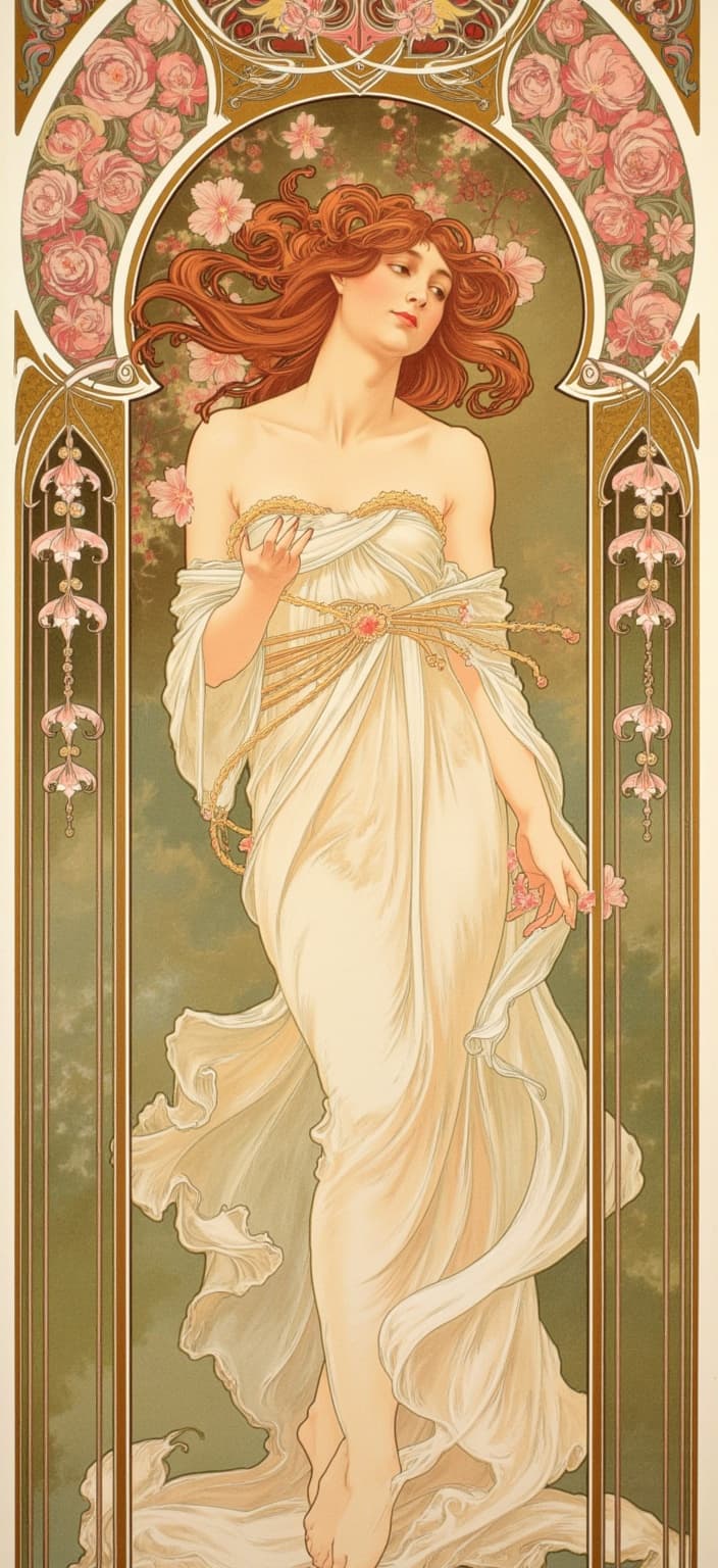 mucha, Enriched prompt:
In the center of the digital wallpaper, a graceful fairy with flowing auburn hair is depicted standing under a lush canopy of blooming cherry blossoms. Her presence exudes a serene and ethereal beauty, embodied through her gown, which is expertly crafted from layers of delicate petals. Intricately entwined flower vines wrap around her arms, enhancing her connection with nature. The composition draws inspiration from the flowing, organic lines and intricate decorative patterns characteristic of the Art Nouveau style, with a harmonious blend of natural motifs such as flowers, vines, and celestial elements.
The background is highly stylized, creating a dreamlike, romantic aesthetic that merges fine art with design. Rich, delicate colors and exuberant floral motifs, composed of sinuous vines and blooming flowers, are intertwined with subtle geometric patterns, imbuing the scene with a refined, ornamental quality. The entire painting is set within a stylized Art Nouveau frame featuring gold filigree and organic curves, reminiscent of a grand Gothic window. This elaborate, ornate border is adorned with organic patterns, flowers, and celestial symbols, serving as both a visual unifier and a gateway into a poetic realm where nature and human emotion seamlessly intertwine. The intricate embellishments of the frame not only enhance the composition but also invite viewers into a captivating, dreamlike world, making it an ideal centerpiece for a digital wallpaper.