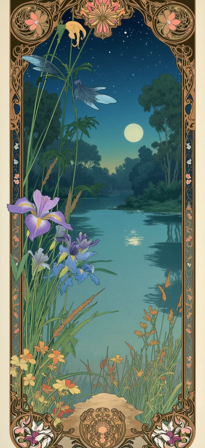 mucha, Enriched prompt: Create a dreamlike painting of the edge of a lake underneath a starry night sky, rendered in the flowing, organic lines and intricate decorative patterns of the Art Nouveau style, inspired by the works of Alphonse Mucha. The scene is meticulously crafted to be centered and crisp, making it ideal for a digital wallpaper on a smartphone.
In the foreground, a majestic, large blue-green dragonfly hovers gracefully near a vibrant flower positioned above and to the left, while another striking dragonfly is visible below it on the right-hand side, adding a sense of dynamic movement to the composition. The absence of people and buildings emphasizes the serene beauty of nature, with the lake's edge adorned by exquisite iris flowers, slender bullrushes, and graceful reeds swaying gently in the night breeze.
The background is enriched with elegant alder and willow trees, their silhouettes casting a dreamlike aura under the celestial canopy. Sinuous vines and blooming flowers weave through the composition, adding layers of visual interest and complexity, while the harmonious color palette, featuring delicate hues of blues, greens, and soft purples, evokes a sense of romance and tranquility.
The painting is framed within an elaborate ornamental border of vines and art nouveau whiplash curves, adorned with organic patterns and flowers. This frame, eschewing symmetry, features one large purple iris flower that delightfully breaks the border on the left-hand side, drawing the viewer's eye into the lush scene. The background, richly stylized, merges fine art with design, creating an ethereal, dreamlike aesthetic that invites the viewer into a realm of poetic harmony and natural beauty.