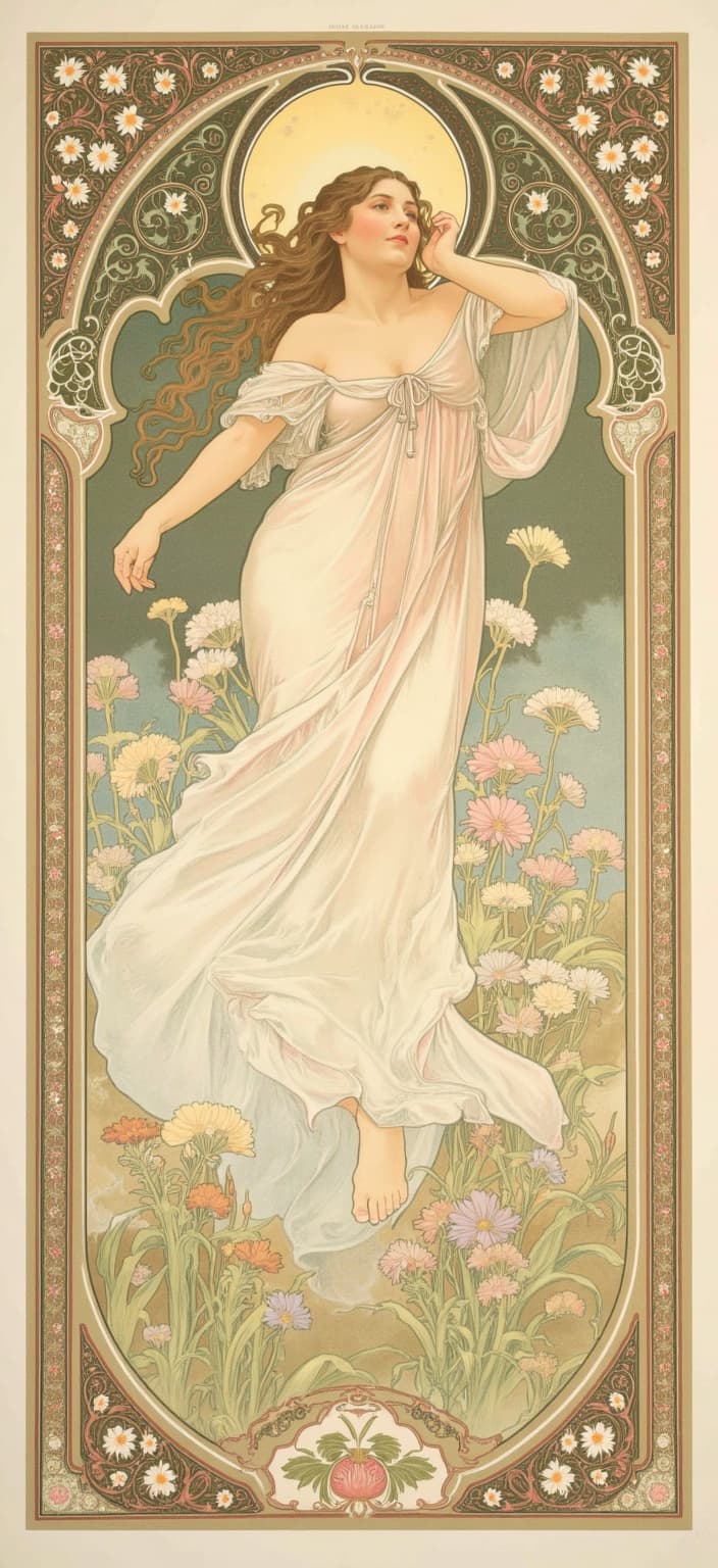 mucha, In Alphonse Mucha's Art Nouveau style, this digital wallpaper features a graceful woman dancing barefoot in a spring garden at dawn. Her elegant, flowing dress captures the first light of the morning, accentuating her gentle movements amidst a sea of blooming flowers. The soft morning mist creates an ethereal atmosphere, enhancing the dreamlike quality of the scene.
Painted with flowing, organic lines, the intricate decorative patterns beautifully weave through the composition. The harmonious blend of natural motifs, such as flowers, vines, and celestial elements, is set against a highly stylized background that evokes a romantic, enchanted aesthetic. This image seamlessly merges fine art with design, drawing inspiration from Mucha’s signature style.
The color palette is composed of delicate hues, with exuberant floral motifs of sinuous vines and blooming flowers. Subtle geometric patterns enrich the composition, adding a refined, ornamental quality. The entire scene is enclosed within an elaborate ornamental frame, reminiscent of a grand Gothic window. This intricate border, adorned with organic patterns, flowers, and celestial symbols, serves not only as a visual unifier but also as a gateway into a dreamlike realm where nature and human emotion intertwine in poetic harmony.
Designed with a centered composition, the artwork ensures a crisp, clean look suitable for printing as a digital wallpaper, bringing an element of timeless elegance and natural beauty to any space.