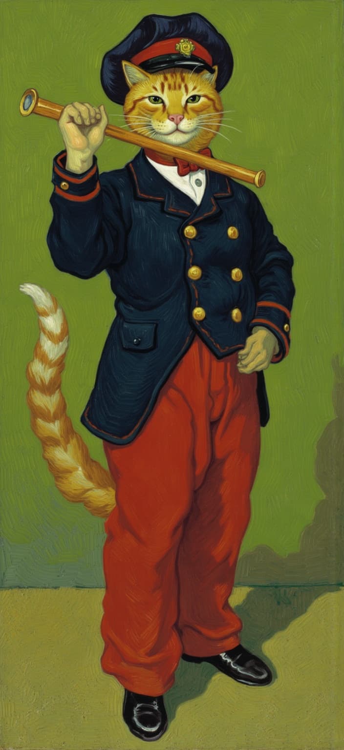 van_gogh, Create a captivating digital wallpaper featuring an orange tabby cat standing proudly in a meticulously detailed 19th-century military band uniform, inspired by Édouard Manet’s ‘The Fifer’. The scene is alive with intense color and dynamic brushwork, embodying a sense of motion and life reminiscent of expressionistic styles. The cat is elegantly dressed in red trousers and a dark navy jacket adorned with gleaming gold buttons. It wears a military-style hat, richly detailed with red, black, and gold accents, adding to the historical authenticity of the ensemble.
The cat's pose is both graceful and assertive as it holds a flute aloft. Its left paw is delicately placed in front, gripping the flute with precision, while the right paw provides subtle support from behind. With its tail poised elegantly behind it, the cat exudes an aura of calm dignity and proud confidence, its expression serene yet authoritative.
The background naturally complements the subject with a vibrant, painterly olive green, channeling the essence of classical oil painting through a tapestry of soft shadows and textured brushwork. The use of vivid, rich colors applied in thick, impasto layers captures a sense of emotional depth and urgency, elevating the visual impact. Bold complementary color contrasts enrich the scene, with swirling, energetic brushstrokes adding a rhythmic, pulsating quality. This dynamic and expressive composition is perfect for a crisp, clean digital wallpaper, ensuring a striking and compelling visual experience suitable for any setting.