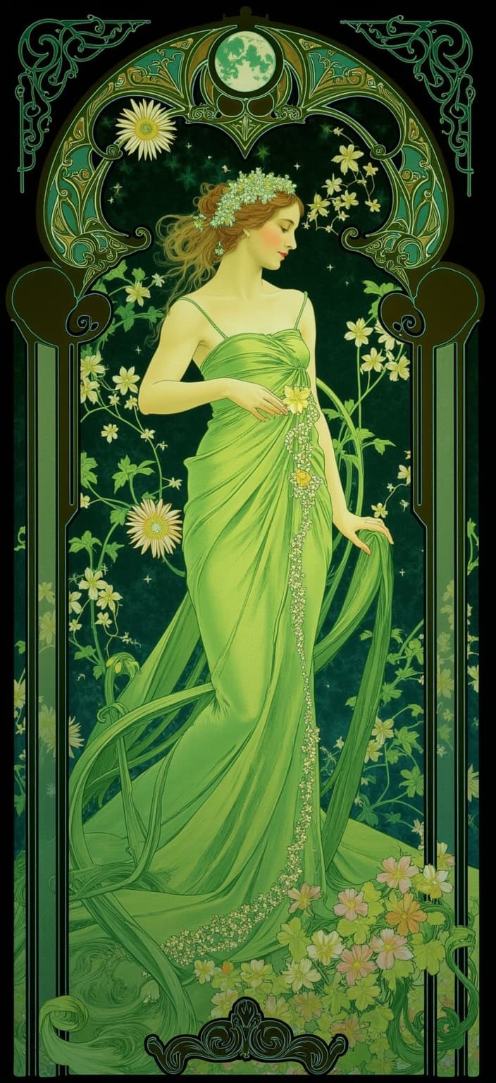 mucha, Title: "Ethereal Garden of Night"
Enriched Prompt: Imagine a breathtaking digital wallpaper that captivates with its vibrant neon green color scheme, juxtaposed against a deep, dark background for maximum visual impact. The heart of the artwork is adorned with flowing, organic lines that weave through intricate decorative patterns, drawing inspiration from the enchanting style of Alphonse Mucha. This dreamlike scene blends exquisite floral motifs and harmonious natural elements, such as delicate flowers and curling vines, with celestial symbols like stars and crescent moons.
The composition is brought to life with Mucha's signature blend of subtle geometric patterns and vibrant yet delicate colors that together create an exuberant atmosphere. Sinuous vines and blooming flowers cascade throughout the image, enhancing its refined, ornamental quality. Every element is thoughtfully arranged to convey a sense of romantic aesthetic and a seamless merge of fine art with captivating design.
Surrounding this mesmerizing scene is an elaborate ornamental frame, reminiscent of a grand Gothic window. The frame's sweeping curves and detailed embellishments bind the artwork, adorned with organic patterns, flowers, and celestial icons. This intricate border serves as both a visual unifier and a gateway into a whimsical realm where nature and human emotion merge in poetic harmony.
This digital wallpaper offers a captivating, crisp, and clean composition, centered to perfection, making it suitable for stunning print. Let this piece take you on a journey through a night garden, pulsating with vivid neon greens and lush dark contrasts, inviting you into a world where the boundaries between nature and dream beautifully blur.