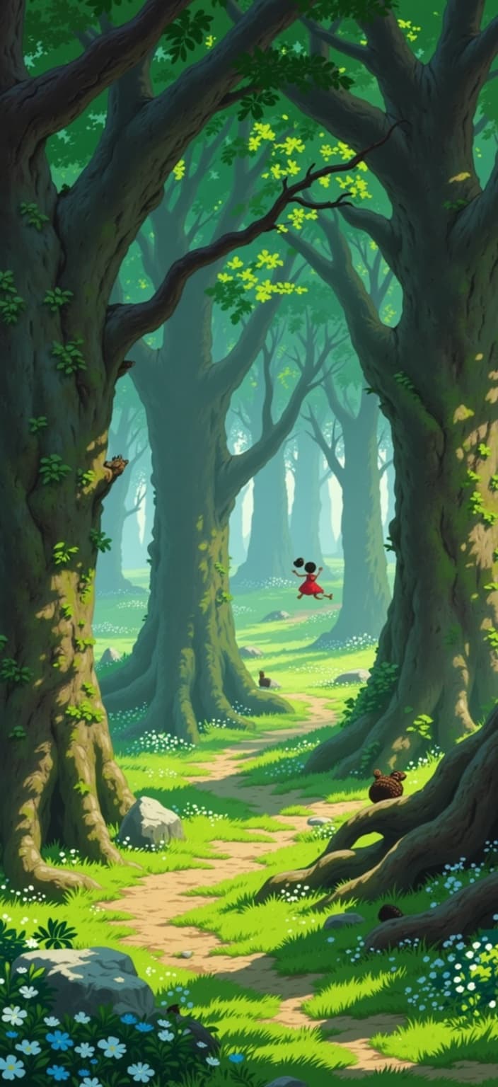 ghibli_illustration, Title: "Whispers of the Enchanted Grove"
Enriched Prompt: Imagine stepping into a magical forest, a breathtaking realm where nature's wonders come alive with an enchanting spirit. The scene is painted in a style inspired by hand-drawn animation, blending richly detailed backgrounds with expressive character designs. The forest is a lush tapestry of towering ancient trees, their branches interwoven to form a natural canopy, allowing streams of warm, natural light to filter through, creating a cozy and inviting atmosphere.
Amidst the verdant foliage, tiny, ethereal spirits flit about, their translucent forms shimmering with a soft, painterly texture. These joyful, whimsical beings are drawn with the charm of pencil sketches, their features finely detailed yet retaining subtle imperfections that enhance their organic movement. Their presence is a delightful dance, as they glide past intricately rendered everyday objects like moss-covered stones and delicate wildflowers, each element meticulously illustrated to evoke a tangible, lived-in feel.
The forest's palette is a vivid yet slightly muted array of bright colors, harmonizing to maintain a dreamy, nostalgic quality. The absence of harsh contrasts ensures a seamless blend of hues, enveloping the viewer in a tranquil, otherworldly embrace. In the heart of the scene, the main subjects—both spirits and forest elements—are proportioned with precision, ensuring their clear visibility against the richly detailed backdrop.
Perfectly centered, this enchanting image is designed to be a captivating digital wallpaper, transforming your screen into a window to a realm where the magical and the mundane coexist in perfect harmony.