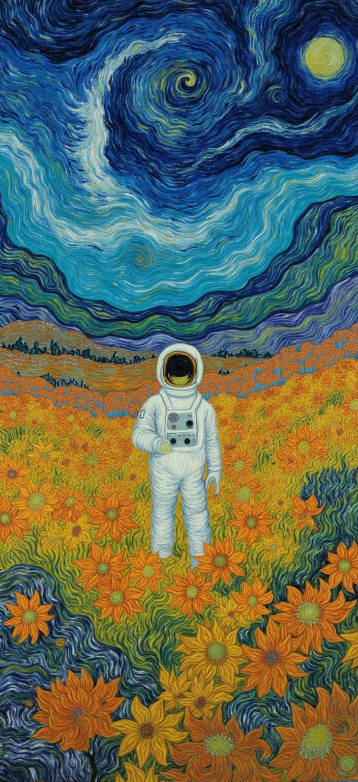 van_gogh, A captivating scene unfolds on the canvas, portraying an astronaut standing amidst a vibrant garden of alien flowers on a far-off planet. The landscape is a spectacular showcase of lush, otherworldly flora, each blossom pulsating with vivid, rich colors—electric blues and fiery oranges, lemon yellows and deep purples—that contrast boldly against the muted, celestial hues of the distant planet's terrain. The painting draws inspiration from a style characterized by intense color, dynamic brushwork, and bold, expressive compositions. The flowers seem to dance around the astronaut, their forms defined by thick, impasto layers of paint that create an extraordinary sense of movement and emotional depth.
Brushstrokes flow with vivid energy, swirling in curly, flame-like patterns that imbue the surface with rhythmic, almost pulsating life. The background showcases the vastness of space, with swirling galaxies and distant stars painted in a dynamic interplay of vigorous, linear patterns. These provide a striking, dramatic backdrop to the life-filled foreground, reinforcing the astronaut's solitary, yet mesmerizing presence in this alien world.
An emotional resonance permeates the scene, infused with raw emotion and urgency—a testimony to human exploration and wonder amidst the universe's vastness. The artwork is both deeply personal and universally compelling, capturing the adventurous spirit of discovery and the beauty of the unknown. Through its intense colors, contrasting elements, and energetic brushwork, this painting achieves a captivating visual impact suitable for a digital wallpaper, ensuring a crisp, clean look when printed, offering a window into an imaginative, cosmic journey.