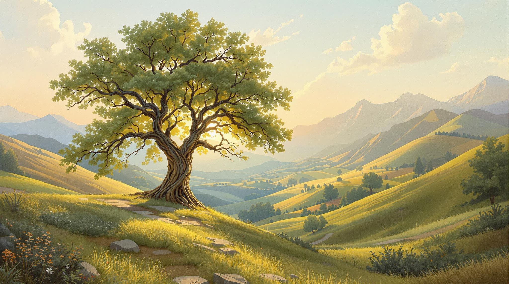 , A captivating classical-style painting captures the essence of a beautiful tree standing gracefully in a serene valley. The tree, an ancient oak with sprawling branches, is the focal point of the artwork. Its lush green leaves create a vibrant canopy, contrasting against the subtle browns and grays of the sturdy trunk. Sunlight filters gently through the leaves, casting intricate patterns of light and shadow on the ground, highlighting the rich texture of the valley's verdant grass.
The valley itself is depicted with sweeping brushstrokes that convey the gentle undulations of the terrain, leading the viewer's eye towards a distant horizon. Soft, muted colors paint the surrounding landscape, evoking a sense of timeless beauty and tranquility. Rolling hills in various shades of green and earthy tones rise in the background, framed by a distant line of majestic mountains bathed in the soft glow of a setting sun.
The painting's classical style is reflected in the harmonious composition and the meticulous attention to detail, reminiscent of the romantic landscapes of the 18th and 19th centuries. The balance between light and shadow, the delicate play of colors, and the serene atmosphere create a peaceful and contemplative scene, perfect for a digital wallpaper that transforms a space into a window to nature's untouched beauty. This central image, with its crisp and clean lines, ensures a stunning visual impact, ideal for enhancing any digital space with elegance and grace.