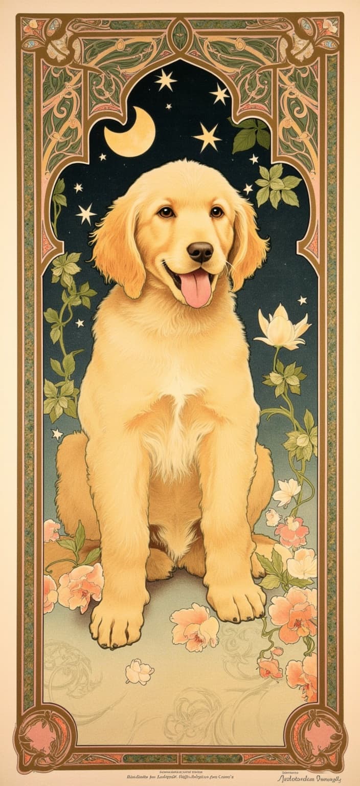 mucha, Enriched prompt:
Picture a delightful golden doodle puppy at the heart of this captivating digital wallpaper, radiating joy and warmth with its bright eyes and playful demeanor. The puppy's tongue playfully sticking out adds an endearing touch to its smiling face, bringing a sense of innocence and exuberance. Inspired by the flowing, organic lines and intricate decorative patterns reminiscent of Mucha’s artistic style, the backdrop of the image is an enchanting tapestry of natural motifs.
Surrounding the puppy is an exquisite dance of sinuous vines and blooming flowers, creating an atmosphere filled with the essence of nature’s beauty. The harmonious blend of celestial elements, such as delicate stars and moons, adds a celestial magic, enveloping the scene in a dreamlike aura. Delicate colors, softly blended, enhance the romantic aesthetic, seamlessly merging fine art with intricate design.
This composition is thoughtfully enclosed within an elaborate ornamental frame, reminiscent of a grand Gothic window. Its sweeping curves and detailed embellishments, adorned with organic patterns and celestial symbols, serve as both a visual anchor and a gateway to a poetic realm where nature and emotion are beautifully intertwined. The result is a crisp and clean look, meticulously centered, making it perfectly suited for printing as a high-resolution digital wallpaper, transforming any space into an expression of joy and artistry.