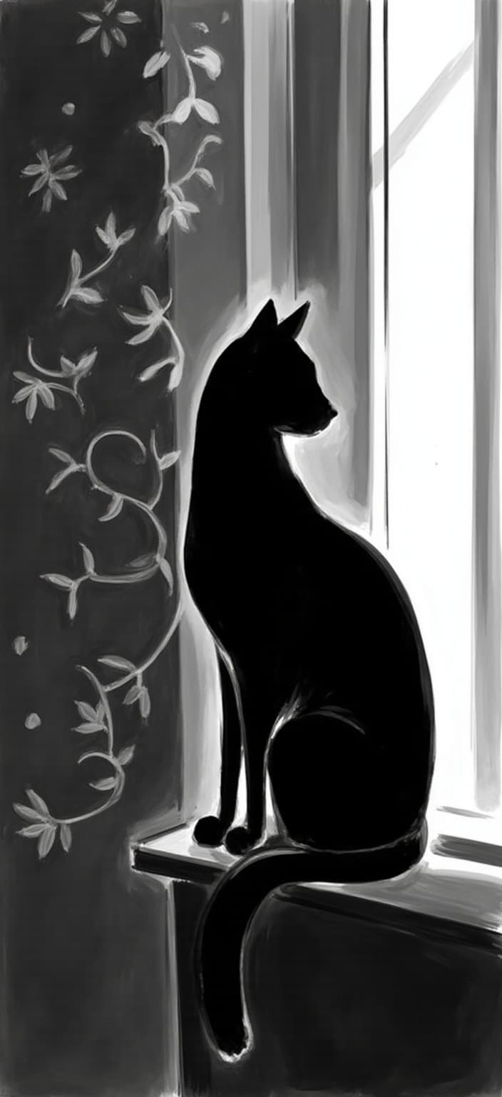 mattise_nice, Create a captivating digital wallpaper in desktop resolution, featuring a delicate black and white scene inspired by the "Matisse in Nice" style. The central focus of this artwork is a graceful cat, elegantly perched by the window, its form a harmonious blend of fluid lines and soft curves. The luxurious simplicity of the Matisse-inspired strokes infuses the image with a sense of tranquility and grace. The cat gazes outward, capturing the quiet contemplation shared between the creature and its world, embodying a serene moment frozen in time. The window, adorned with intricate, yet subtle patterns, allows gentle streams of light to filter through, casting gentle shadows and creating a compelling interplay of light and dark. The background is minimalistic, drawing attention to the cat's poised silhouette and the delicate details of the window frame. This art piece exudes a modern elegance, perfect for turning your digital screen into a work of art, presenting a crisp and clean aesthetic ideal for printing as a refined digital wallpaper.