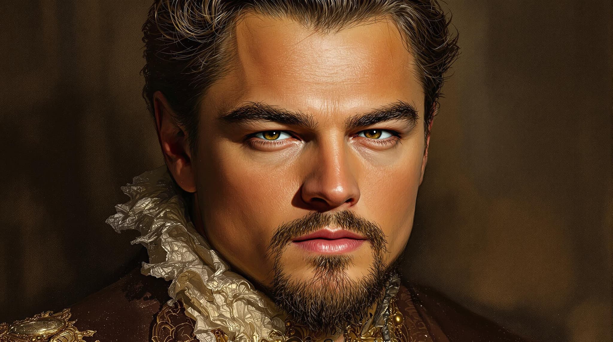 , Create a stunning, realistic portrait of Leonardo DiCaprio, capturing his charismatic and expressive features with masterful precision. The painting should draw inspiration from classical styles, emphasizing fine brushwork, regal composition, and rich, timeless colors that evoke the grandeur and sophistication of the Renaissance era. Center the image in such a way that Leonardo's captivating gaze is the focal point, ensuring a balanced and harmonious composition. This crisp, clean, and highly detailed artwork is tailored especially for digital wallpaper, making it a striking centerpiece on any screen, radiating elegance and refinement.