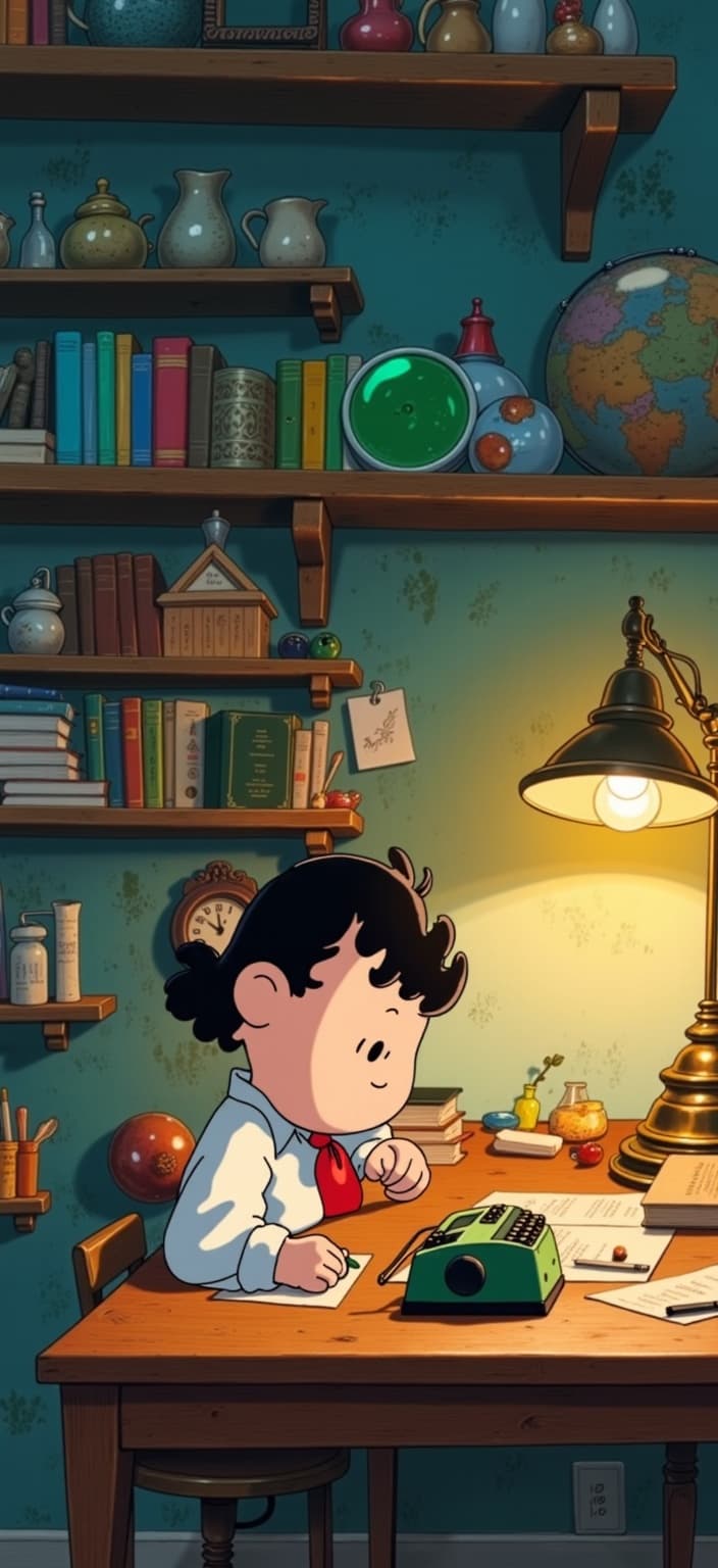 ghibli_illustration, In this enchanting painting, you'll find the beloved character Snoopy, deeply engrossed in his work at a quaint wooden desk. The scene is crafted in a hand-drawn animation style, bringing forth richly detailed backgrounds and expressive character designs. Snoopy, with his iconic black and white fur, is seated at the desk, surrounded by everyday objects like a typewriter, stacks of paper, and a classic lamp casting a warm, golden glow. His face is a picture of concentration, yet with a touch of whimsy, perfectly capturing the joyful aesthetic.
The background is a cozy study, filled with the soft, painterly textures that lend a dreamy, nostalgic quality to the scene. The walls are adorned with shelves, brimming with books and trinkets, each rendered with meticulous detail. Subtle imperfections in the pencil sketches add an organic movement to the image, creating an inviting atmosphere.
The color palette is vivid yet slightly muted, with rich blues, greens, and earth tones that avoid harsh contrasts, maintaining a gentle, nostalgic feel. The warm, natural lighting enhances the inviting mood, making the scene feel alive and tangible.
Centered on Snoopy, the composition is crisp and clean, ensuring it is perfectly suited for a digital wallpaper, creating a whimsical and joyful visual experience for your desktop.