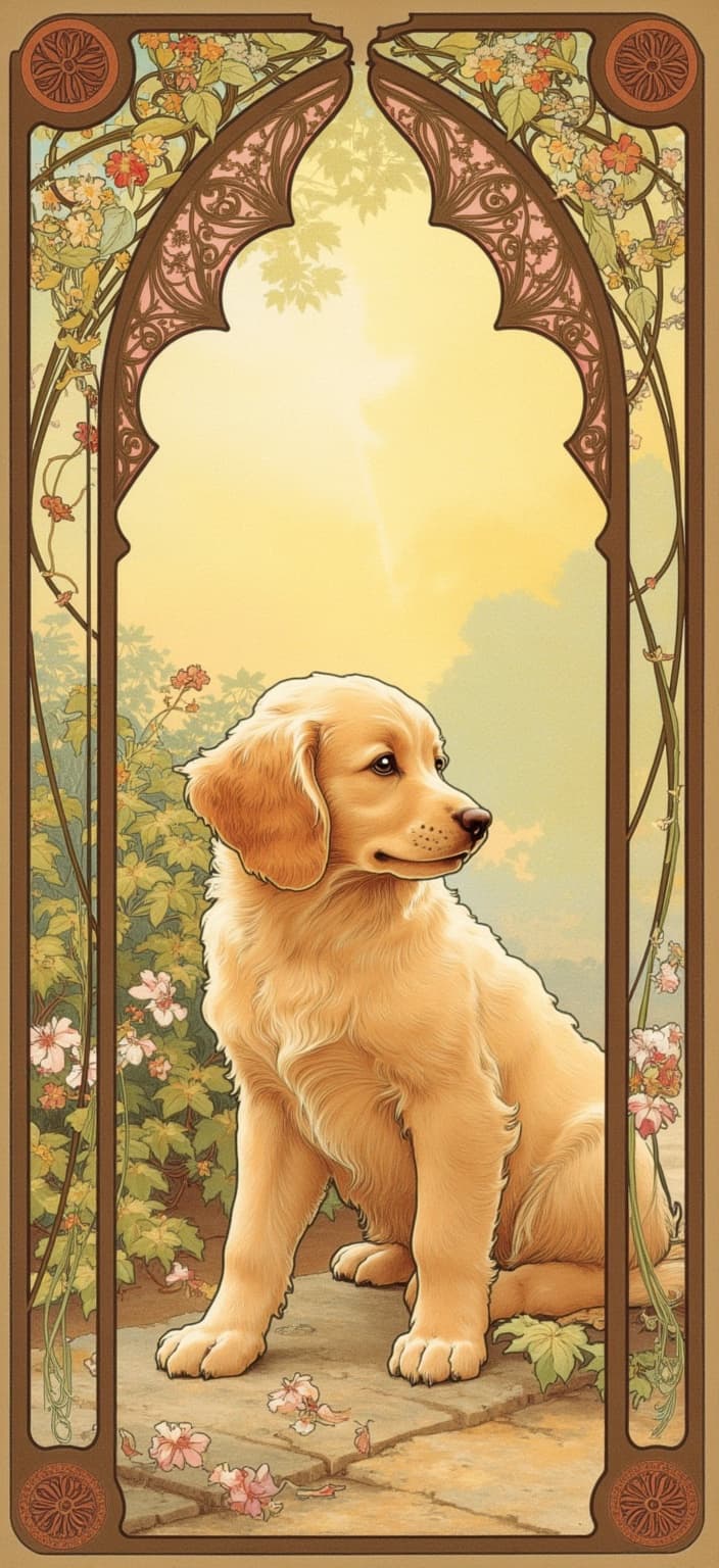 mucha, Centered under a canopy of dappled shade, a golden doodle puppy sits at the heart of a dreamlike composition, its fluffy coat glowing warmly in the gentle light. The pup, embodying an essence of innocence and curiosity, leans forward toward a nearby bush, with its tongue peeking out slightly as if tasting the fresh, invigorating spring air. Its eyes are squinting contentedly, projecting an aura of peace and connection with the surrounding nature, perfectly capturing the “I’m one with nature” spirit.
The canvas is swept with flowing, organic lines and intricate decorative patterns, akin to the art nouveau style of Mucha. The background is a harmonious blend of natural motifs featuring vines and celestial elements, creating a romantic aesthetic that seamlessly merges art and design. Delicate colors wash over the scene, setting a whimsical tone, while exuberant floral motifs—composed of sinuous vines, blooming flowers, and subtle geometric patterns—enrich the overall composition with a refined, ornamental quality.
Encircling this serene tableau is an elaborate ornamental frame, echoing the grandeur of a Gothic window. This intricate border, adorned with organic patterns, flowers, and celestial symbols, acts as both a visual unifier and an inviting gateway into a poetic realm where nature and emotion dance in harmony. The detailed embellishments enhance the dreamlike quality, making the scene an ideal digital wallpaper, both visually captivating and perfectly suited for printing with a crisp, clean finish.