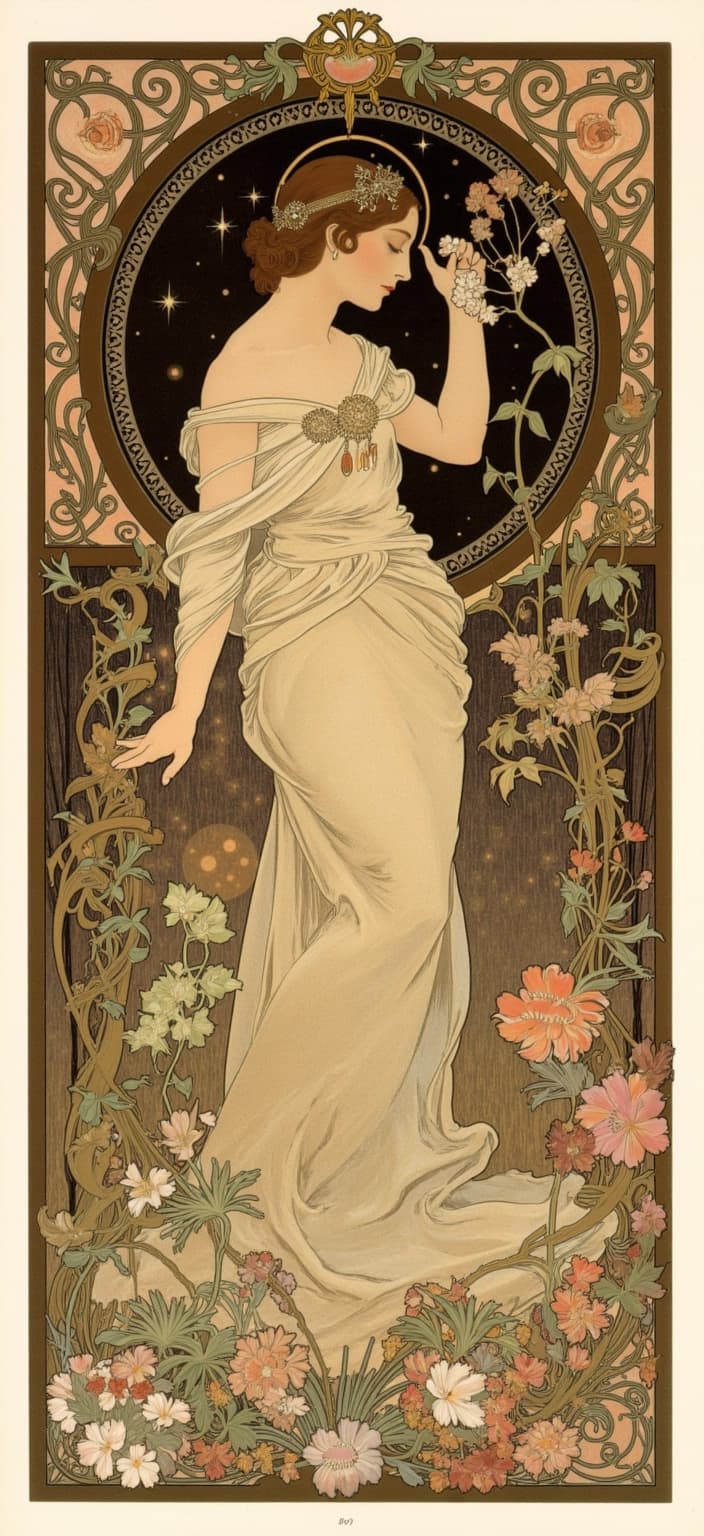 mucha, Enriched prompt:
The image is a minimalist dark-themed yet uplifting digital wallpaper, designed to captivate the viewer's gaze, perfect for your desktop. This artwork combines simplicity with depth, creating a stunning visual experience that is both pretty and aesthetically pleasing.
At the center of the composition, the core theme unfolds with flowing, organic lines and intricate decorative patterns that draw inspiration from Alphonse Mucha's iconic style. The scene is infused with a harmonious blend of natural motifs, presenting a delicate balance between flowers, vines, and celestial elements, set against a highly stylized, dreamlike background.
The delicate colors and exuberant floral motifs are composed of sinuous, intertwining vines and blooming flowers, punctuated by subtle geometric patterns. This enriches the overall composition with a refined, ornamental quality, exuding an air of romantic elegance.
The entire artwork is enclosed within an elaborate, ornamental frame, reminiscent of a grand Gothic window. Sweeping curves and detailed embellishments form this intricate border, adorned with organic patterns, flowers, and celestial symbols. This frame not only serves as a visual unifier but also acts as a gateway into a dreamlike realm where nature and human emotion intertwine in poetic harmony.
The image is centered to ensure a crisp, clean look, perfectly suitable for printing as a digital wallpaper for your desktop. This creates a seamless blend of art and design, making it an ideal choice for those who appreciate beauty with a meaningful undertone.