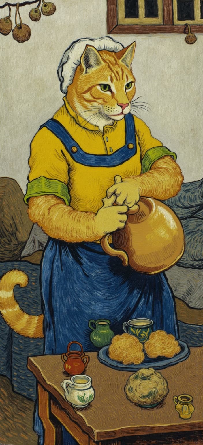 van_gogh, Enriched prompt: The painting features an orange tabby cat meticulously portrayed as Vermeer’s ‘The Milkmaid’. The cat, upright and poised, dons a mustard yellow bodice and a contrasting green undershirt, all seamlessly blending into the deep blue apron tied neatly around its waist. The attire is completed with a pristine white bonnet that elegantly frames the cat's focused face, where its serious and intent expression is captured with remarkable detail. Its bushy tail curves gracefully behind, enhancing the feline's dignified stance.
In its paws, the cat holds a brown jug, seemingly heavy, and pours a delicate stream of milk into a bowl placed on a rustic table. This table, draped in a richly hued blue cloth, is laden with an assortment of bread, carefully crafted pottery, and various kitchen items, each rendered with textural precision typical of the Dutch Golden Age. The background showcases a white, textured wall and a window from which streams of light enter, casting a natural glow across the tableau. Hanging baskets add an authentic touch, subtly enriching the domestic scene.
Inspired by an intense color palette and dynamic brushwork, the composition bursts with vibrant, impasto layers that imbue the painting with life and emotion. Vivid, rich colors capture the eye, while bold complementary contrasts—such as the harmonious blend of the cat's orange fur against the blue apron—heighten the visual impact, echoing the dramatic lighting style of the period.
The loose, swirling brushstrokes envelop the scene in a rhythmic dance, as if the painting pulses with vitality and movement. Curly, flame-like patterns weave through the backdrop, imbuing it with a sense of urgency and raw emotion, which makes the artwork both deeply personal and universally compelling. This captivating image offers a unique, visually striking design suitable for a digital wallpaper, ensuring a crisp, clean aesthetic ideal for display.