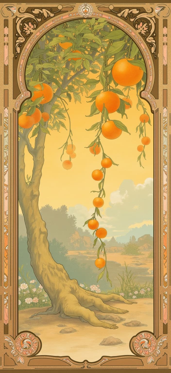 mucha, In the dreamlike realm of this digital wallpaper, an enchanting scene unfolds, perfectly encapsulating a Mediterranean aesthetic. At the center, oranges hang delicately from a thriving tree adorned with lush, verdant leaves. The golden sunlight filters softly through the foliage, casting dappled patterns of light and shadow upon the landscape, creating a warm, inviting glow. This visual feast is enriched with flowing, organic lines and intricate decorative patterns, inspired by the style of Alphonse Mucha.
The painting bursts with a harmonious blend of natural motifs, such as flourishing vines and vibrant celestial elements, all set against a highly stylized background. The delicate color palette integrates subtle hues and exuberant floral motifs, ensuring a seamless merging of fine art and design. Sinuous vines entwine with blooming flowers, weaving through subtle geometric patterns to bestow an ornamental quality upon the composition.
Encasing this serene moment is an elaborate ornamental frame, its sweeping curves and detailed embellishments reminiscent of a grand Gothic window. The intricate border, adorned with organic patterns, flowers, and celestial symbols, serves as both a visual unifier and a gateway into this poetic, romantic aesthetic. The scene, centered to perfection, ensures a crisp, clean look, ideal for printing as a digital wallpaper, inviting viewers into a realm where nature and human emotion dance together in harmonious splendor.