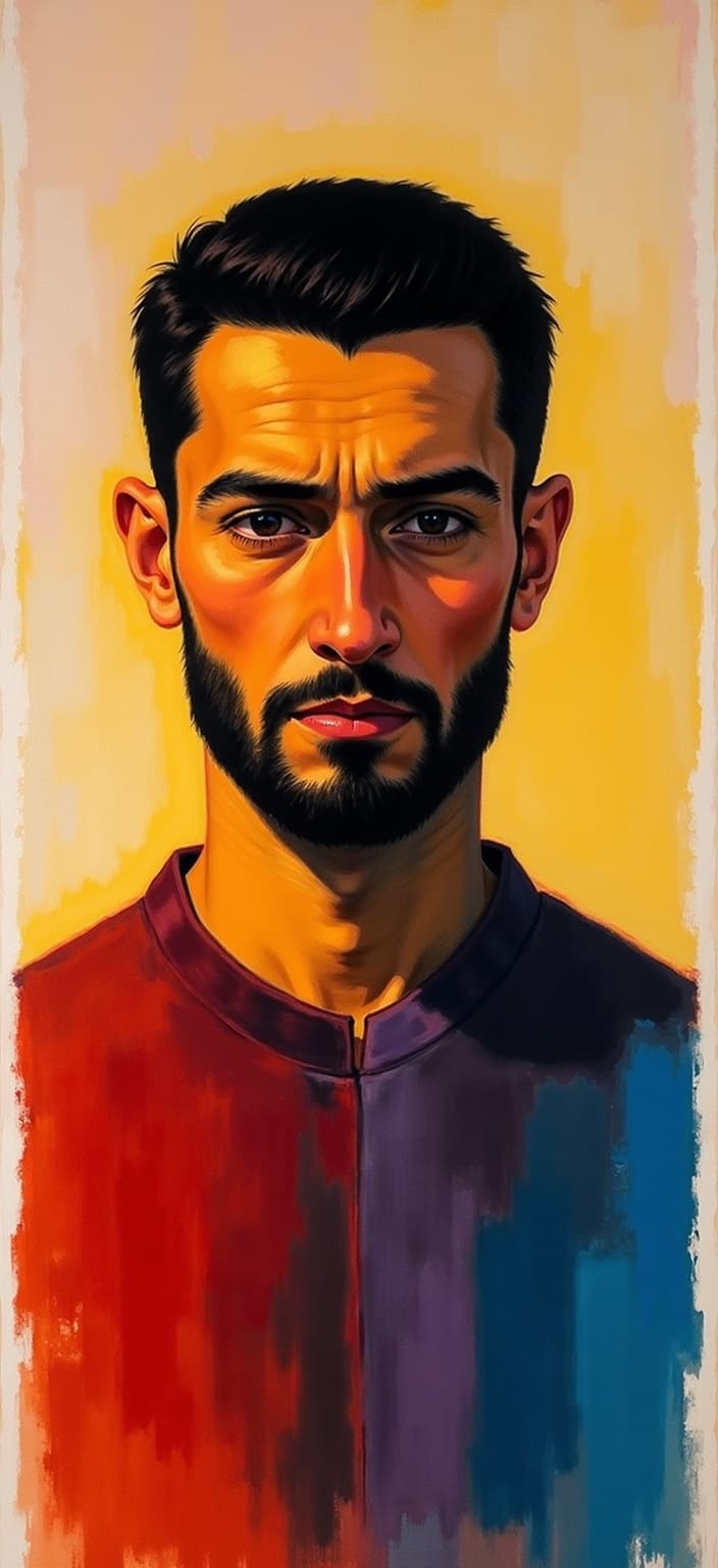 rothko, Create a digital wallpaper that features a modern Turk man, depicted with a remarkable sense of luminosity and inner light. The painting should be composed of intricate layers of translucent color, allowing light to filter through the composition. The subject, a contemporary Turk man, is at the heart of the piece. His expression and attire reflect modern influences, perhaps incorporating a combination of traditional and contemporary elements that speak to his cultural heritage and present-day identity.
The style is reminiscent of a technique where colors melt and fuse together with blurred boundaries, creating a dreamlike atmosphere. From a distance, observe soft-edged rectangles that appear to hover weightlessly across the canvas, creating a sense of depth and motion. Richly varied surfaces and unexpected paint drips or strokes add an unconventional yet captivating texture to the piece.
The entire composition is centered meticulously to achieve a crisp and clean appearance, ensuring it is perfectly suited for digital wallpaper, immersing anyone who views it in its ethereal and radiant quality.