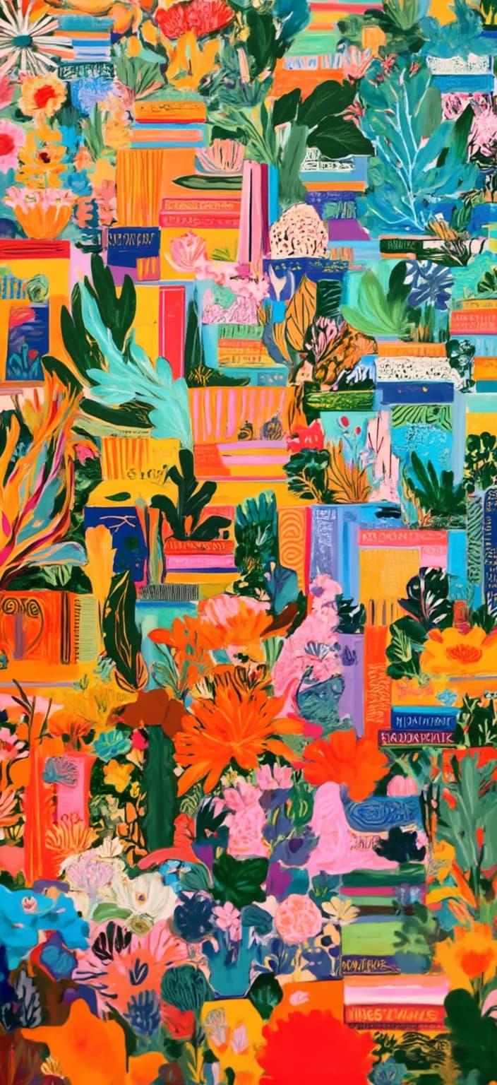 colorful_illustration, The painting features an inviting office room, masterfully rendered in vibrant and colorful illustration style. The scene is alive with dynamic energy and a playful, hand-drawn feel. Books are artfully arranged on shelves that seem to dance across the walls, their spines creating a kaleidoscope of colors and intriguing titles. Interspersed among the books, an array of lush plants adds a touch of nature, their leaves extending in whimsical, organic shapes that echo Scandinavian folk art and mid-century botanical prints.
The background is an intricate tapestry of colors and shapes, where organic forms and scattered decorative elements come together in a lively dance. Various leaves and floral elements are harmoniously arranged, their radial patterns and delicate details reminiscent of lavish decorative styles. Bold organic shapes coexist with delicate dots, swirls, and abstract motifs, creating a luxurious layering of colors and patterns that infuse the painting with depth and movement.
The overall composition is carefully centered, ensuring a crisp, clean look that makes it perfect for a digital wallpaper. The result is a lavish and dynamic office scene that captures the essence of creativity and tranquility, suitable for transforming any digital space into a sanctuary of inspiration and beauty.