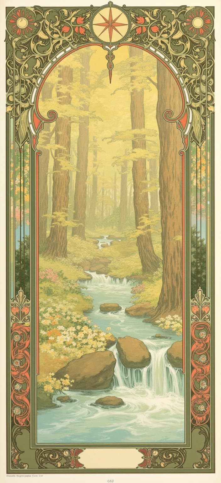 mucha, In this enchanting artwork, a gentle stream meanders gracefully through a lush spring forest, its waters shimmering with playful light that dances upon the surface, evoking a serene and tranquil atmosphere. The scene is a celebration of nature’s gentle beauty, brought to life through flowing, organic lines and intricate decorative patterns that capture the essence of renewal and vitality. Inspired by the style of Alphonse Mucha, this piece features a harmonious blend of natural motifs such as delicately intertwined flowers and vines, alongside celestial elements that lend an ethereal quality to the composition.
The forest is alive with a rich tapestry of sinuous vines and blooming flowers, each petal and leaf meticulously detailed in a palette of delicate colors. Subtle geometric patterns interlace with the exuberant floral motifs, adding a refined, ornamental quality that elevates the natural beauty to a work of fine art. The highly stylized background, with its dreamlike, romantic aesthetic, creates a seamless merge of art and design that pulls the observer into a serene world where nature reigns.
The entire scene is encapsulated within an elaborate ornamental frame, evoking the grandeur of a Gothic window. Its sweeping curves and detailed embellishments, reminiscent of Mucha's iconic style, are adorned with organic patterns, flowers, and celestial symbols. This intricate border not only unifies the composition but also serves as a gateway into a dreamlike realm where nature and human emotion dance together in poetic harmony. The finished digital wallpaper is perfectly centered and cleanly rendered to ensure a crisp, inviting look, making it an ideal choice for a decorative and serene addition to any space.