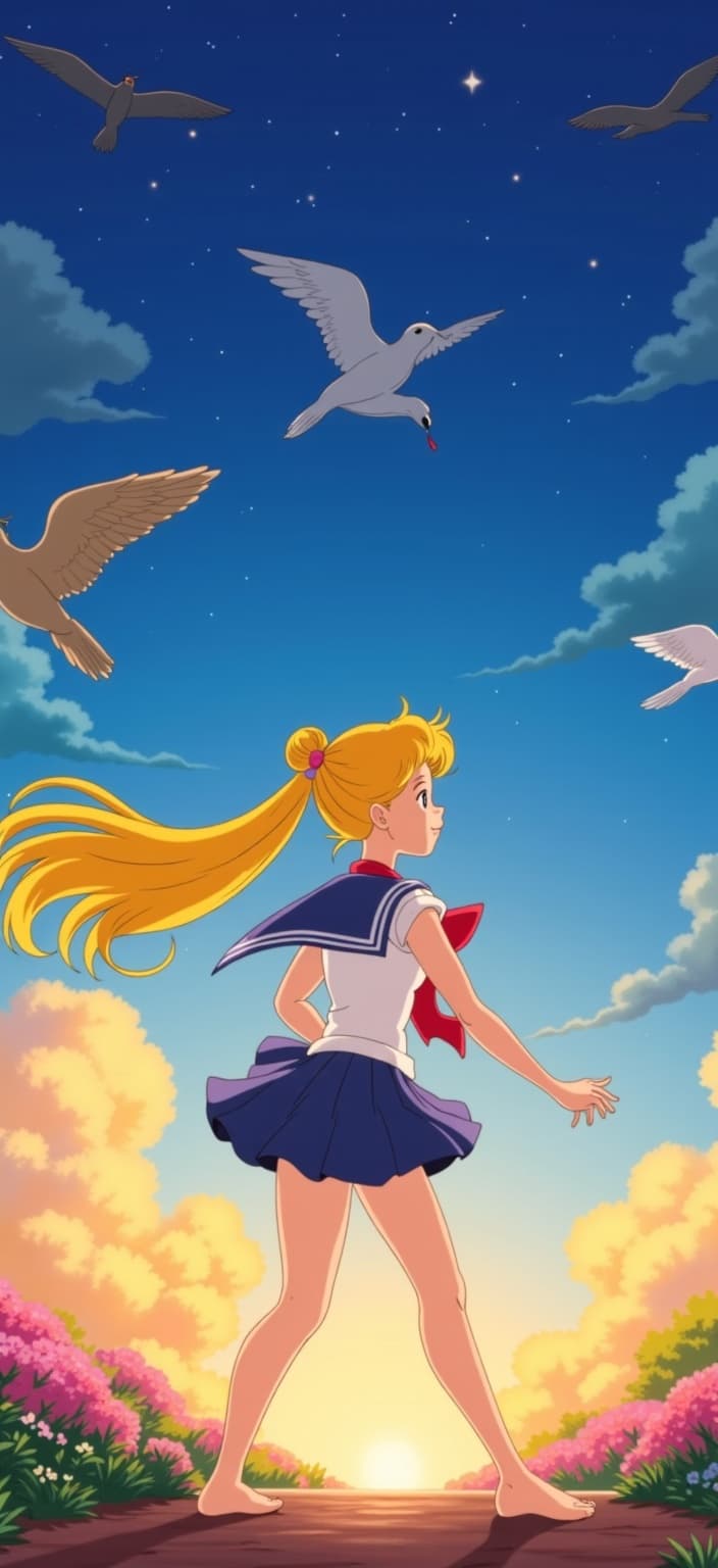 ghibli_illustration, Enriched prompt:
Create a digital wallpaper for a laptop featuring the iconic character Sailor Moon, designed in a resolution of 3840x2160. The artwork should capture the essence of hand-drawn animation with richly detailed backgrounds and expressive character designs. Sailor Moon stands gracefully at the center of the composition, exuding her signature elegance and strength. Her long flowing hair and sailor-themed outfit are depicted with soft, painterly textures, giving them a hand-drawn feel complete with delicate pencil sketches and subtle imperfections that add to the artwork's organic movement.
The background is vibrant yet maintains a whimsical and joyful aesthetic, with warm, natural lighting casting a cozy and inviting glow over the scene. The colors are vivid but slightly muted, deliberately avoiding harsh contrasts to preserve a dreamy, nostalgic quality. Surrounding Sailor Moon, the richly detailed background is alive with everyday objects and textures—perhaps a serene night sky filled with stars or a magical landscape—that are meticulously rendered to make the scene feel tangible and lived-in. This attention to detail ensures that both the character and her surroundings are accurately proportioned and clearly visible, creating a nostalgic and dreamlike quality reminiscent of cherished memories. The entire image is centered to ensure a crisp, clean look, making it a perfect fit for use as a high-quality digital wallpaper.
