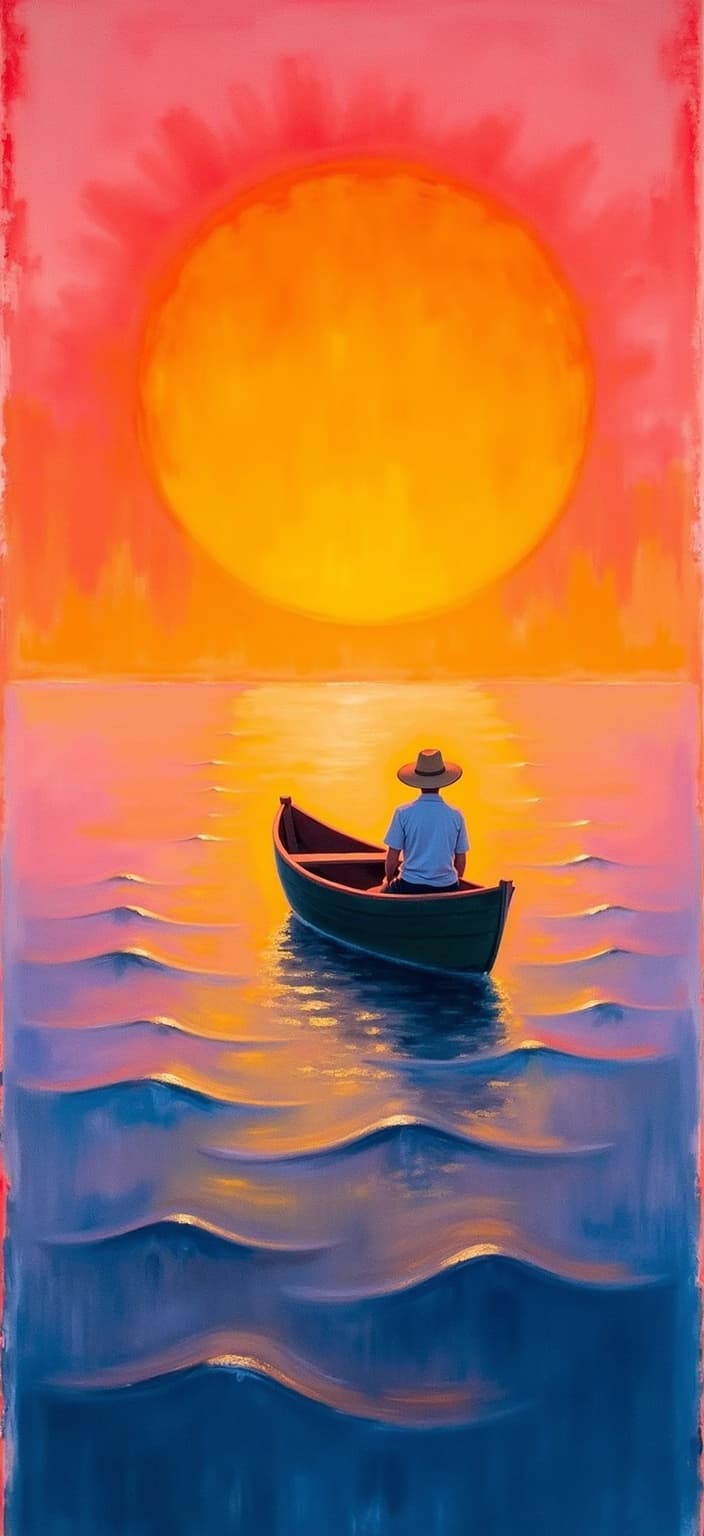 rothko, In the enriched painting, a small rowboat is gently drifting through the rhythmic, undulating waves of a serene sea, each wave delicately reflecting the warm hues of a breathtaking sunset. The man in the boat is depicted from behind, distinguished by his straw hat that shields him from the fading golden light. The scene is bathed in a mesmerizing palette of translucent colors that capture the essence of a vivid sunset––crimsons, oranges, purples, and soft pinks blending seamlessly into one another.
The painting draws inspiration from a style characterized by a complex layering of translucent colors, creating an appearance of “inner light” and remarkable luminosity. From a close distance, the colors appear to melt and fuse together, with blurred boundaries that capture the fluidity of the scene. As the viewer steps back, soft-edged rectangles formed by these layers seem to hover weightlessly, conjuring floating zones of color that mimic the natural dance of light across the water.
Richly varied surfaces bring the painting to life, with paint drips or strokes that run in unconventional directions, adding a textural depth and dynamic movement to the composition. The piece is centered meticulously to offer a crisp, clean look, capturing the serene and contemplative moment of the man in his rowboat, and crafted perfectly for digital wallpaper, ready to transform any screen into a window to this tranquil moment at sea.