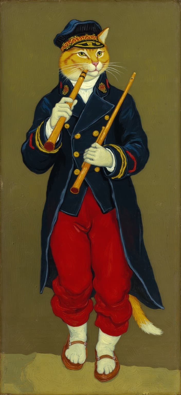 van_gogh, In a captivating and whimsically historical scene, we find an orange tabby cat standing proudly, dressed in a meticulously crafted military band uniform reminiscent of Édouard Manet’s ‘The Fifer’. The feline protagonist exudes a regal charm, adorned in red pants and a tailored dark navy jacket accented with gleaming gold buttons. Atop its head sits a military-style cap, richly detailed with eye-catching red and yellow accents, completing the ensemble. The cat holds a flute delicately with both paws, frozen in mid-performance, its expression a blend of pride and confidence, as if serenading an unseen audience.
The background envelops the subject in a muted, painterly olive-brown, expertly mimicking the textures of 19th-century oil paintings, creating an atmosphere that is both classic and slightly whimsical. The overall composition is finely detailed, capturing not only the sartorial elegance but also the lively spirit of the moment.
Rendered in a style drawing inspiration from intense color and dynamic brushwork, the painting pulses with bold, expressive compositions. It employs vivid, rich colors layered in thick, impasto style, imbuing the scene with a sense of movement and emotional depth. Bold complementary color contrasts, such as the interplay of blue and orange or yellow and purple, enhance the visual impact and intensity.
The brushstrokes are energetic and somewhat swirling, forming curly, flame-like patterns that contribute to a rhythmic, almost pulsating vibrancy. This dynamic touch, coupled with vigorous linear patterns, breathes life into the artwork, making it not only deeply personal but universally compelling.
Designed as a digital wallpaper, the image is centered to ensure a crisp, clean presentation when printed, allowing you to appreciate the intricate details and the dynamic emotion captured within this unique feline homage to historical grandeur.