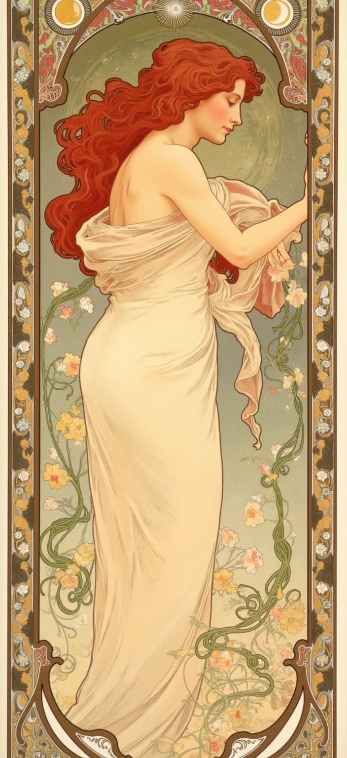 mucha, The painting captures a mesmerizing scene of a red-haired woman enveloped in a flowing dress, embodying an ethereal beauty that draws the viewer into a world of whimsy and grace. Her vibrant red locks cascade down in soft waves, their fiery hue contrasting elegantly with the delicate pastel shades of her gown. The dress flows around her in graceful, undulating lines, echoing the organic forms that define her surroundings.
Immersed in the style reminiscent of Alphonse Mucha, the composition is intricately adorned with patterns that speak of nature's gentle caress. Sinuous vines climb and twist around her form, interspersed with blooming flowers that seem to blossom with emotion. These motifs are interwoven with subtle geometric patterns, creating a harmonious blend that is both decorative and narrative, symbolizing the unity of human emotion with the natural world.
The background is a tapestry of stylized elements that contribute to the dreamlike, romantic aesthetic. Celestial symbols—stars, moons, and sunbursts—interact playfully with the floral motifs, crafting a scene that feels both grounded and otherworldly. The color palette is a delicate harmony of pastels and natural tones, with Mucha's signature blend of hues enhancing the painting's ambient tranquility and vibrant life.
Encircling this captivating scene is an elaborate ornamental frame that echoes the grandeur of a Gothic window with its sweeping curves and intricate embellishments. This frame, adorned with organic patterns, celestial symbols, and delicate florals, not only provides a visual anchor but also serves as a gateway into this enchanted realm. It invites the viewer to step into a poetic harmony where nature and human emotion dance in unison.
Perfectly centered for a crisp and clean digital wallpaper, this painting becomes a symphony of art and design, capturing the essence of Mucha's style while transforming any digital space into a serene, artistic haven.