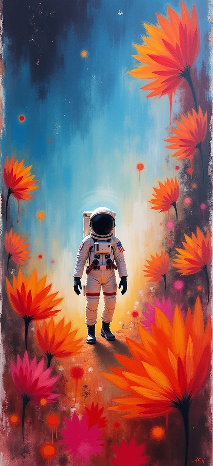 rothko, Enriched prompt:
Create a captivating painting that captures the surreal beauty of an astronaut surrounded by an explosion of vibrant flowers on an alien planet. The scene should be infused with a style that showcases a complex layering of translucent colors, allowing light to filter through and giving the artwork an appearance of “inner light” with remarkable luminosity. The colors should melt and fuse together at close range, with blurred boundaries between the shapes, while from a distance, soft-edged rectangles hover weightlessly across the canvas, creating floating zones of color. The richly varied surfaces should feature paint drips or strokes running in unconventional directions, conveying a sense of otherworldly charm. The image is centered to ensure a crisp, clean look suitable for printing as a digital wallpaper, capturing the essence of the harmonious blend between exploration and nature in a cosmic setting.