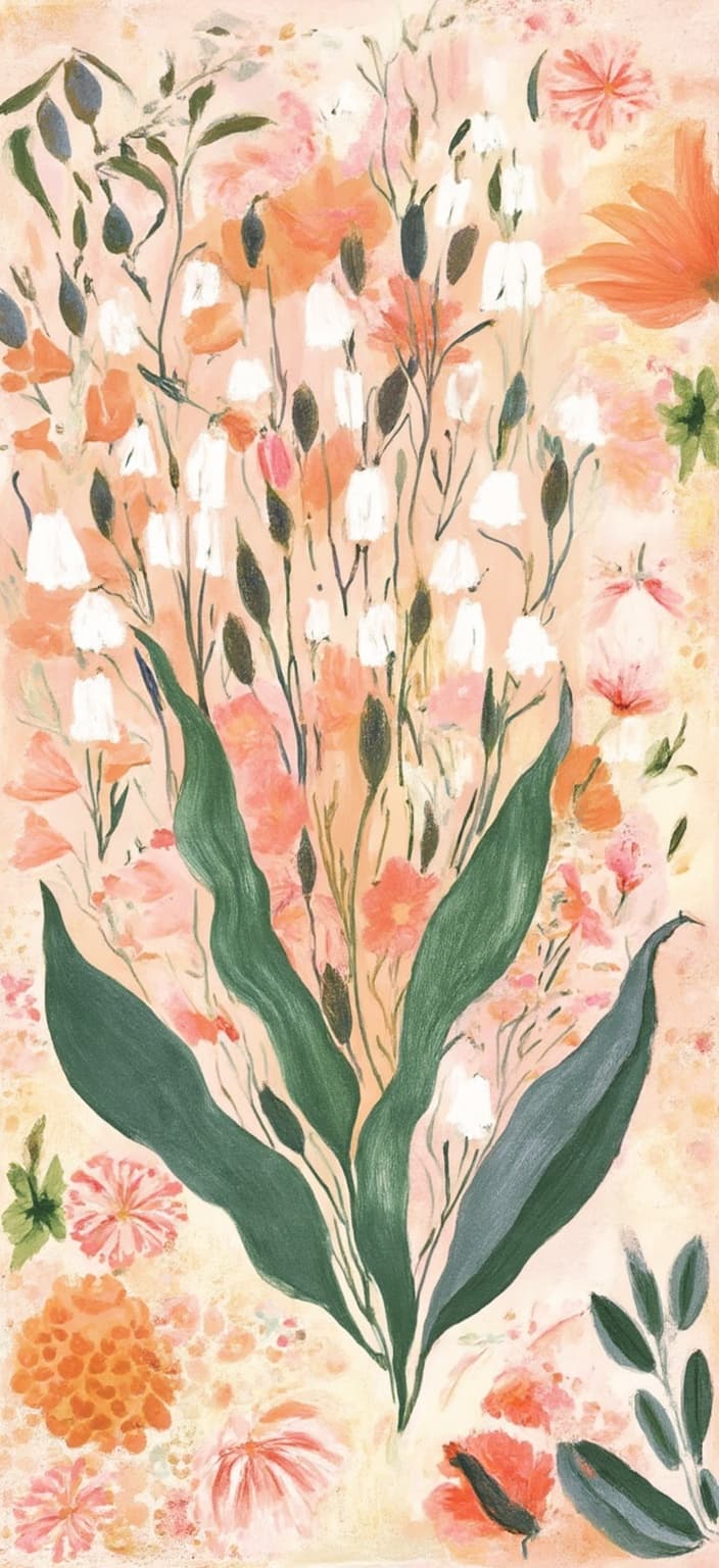 colorful_illustration, The painting features an elegantly arranged bouquet of Lily of the Valley flowers, embodying a minimalist charm while resonating with vibrancy and color. At the center, the delicate, bell-shaped white flowers rise gracefully from slender, arching stems with their gentle green leaves. The composition draws inspiration from a playful, dynamic hand-drawn style, where each flower and leaf is thoughtfully depicted with fluid lines and rich hues, creating an aura of joy and freshness.
The background is a lively tapestry of organic shapes, teeming with energy and movement. Scattered decorative elements, such as whimsical dots, ornate swirls, and abstract motifs, echo across the canvas, contributing to a sense of depth and rhythm. Various leaves and floral elements intertwine harmoniously, echoing the natural, free-flowing quality characteristic of the subject's minimalist purity.
This artwork embraces the intricate, lavish decorative style, seamlessly blending bold organic shapes with delicate details. The layering of colors and patterns is luxurious and immersive, evoking a sense of motion as the viewer's eye is drawn across the playful landscape. The dynamic interplay of radial floral patterns and organic forms is reminiscent of Scandinavian folk art and mid-century botanical prints, giving the piece a nostalgic yet contemporary appeal.
Centered precisely to ensure a crisp, clean look, this design is perfect as a digital wallpaper, offering a vibrant yet soothing visual experience for any space.