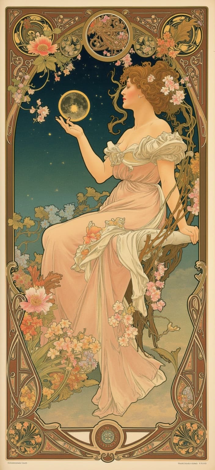 mucha, Enriched prompt: Create a dreamlike painting of a cafe terrace under a starry night, inspired by the flowing, organic lines and intricate decorative patterns of Art Nouveau style, drawing especially from the works of Alphonse Mucha. The scene captures the enchanting atmosphere of the terrace, with patrons enjoying their evening amidst an array of natural motifs. Sinuous vines and blooming flowers weave through the composition, blending harmoniously with celestial elements such as twinkling stars and a glowing moon. The painting features a harmonious color palette, utilising delicate hues that evoke a sense of romance and tranquility. The background is highly stylized, merging fine art with design to create an ethereal, dreamlike aesthetic.
The cafe scene is framed within an elaborate ornamental border reminiscent of a grand Gothic window. This intricate frame, adorned with organic patterns, flowers, and celestial symbols, not only unifies the composition but also invites the viewer into a poetic realm where nature and human emotion are intertwined. The entire artwork is centered, ensuring a crisp, clean look suitable for a digital wallpaper, making it an ideal piece for adding a touch of elegance and sophistication to any digital space.