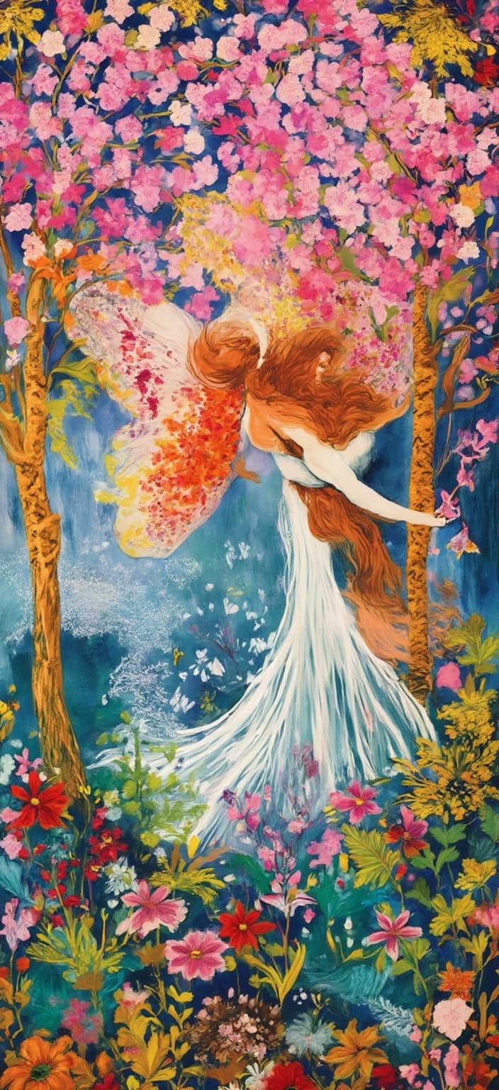 colorful_illustration, Enriched prompt: The painting captures the ethereal essence of a graceful fairy with flowing auburn hair, standing majestically under a canopy of blooming cherry blossoms. Her elegant gown, crafted from layers of delicate petals, cascades gracefully, while intricate flower vines wrap around her arms, evoking a sense of unity with nature. The scene is enveloped in a stylized Art Nouveau frame, adorned with exquisite gold filigree and organic curves that enhance its opulent appeal.
Incorporating a vibrant and colorful illustration style, the artwork draws inspiration from dynamic, hand-drawn aesthetics. The background is an enchanting tapestry of organic shapes and scattered decorative elements, forming a lush composition of various leaves and floral motifs that artfully whisk across the canvas. The addition of harmonious arrangements imparts a natural, free-flowing quality to the design, beautifully aligned with the fairy's serene presence.
The intricate composition blends bold organic shapes with delicate details, capturing the essence of a lavish, decorative style. Scattered ornamental elements such as dots, swirls, and abstract motifs are woven throughout, accentuating the luxurious layering of colors and patterns. This technique creates an illusion of depth and movement, further enlivening the scene. The organic shapes and radial floral patterns channel the spirit of Scandinavian folk art and mid-century botanical prints, imparting a nostalgic, hand-crafted feel.
The composition is perfectly centered, ensuring that it provides a crisp, clean look, ideal for printing onto a digital wallpaper, transforming any space into a whimsical haven.