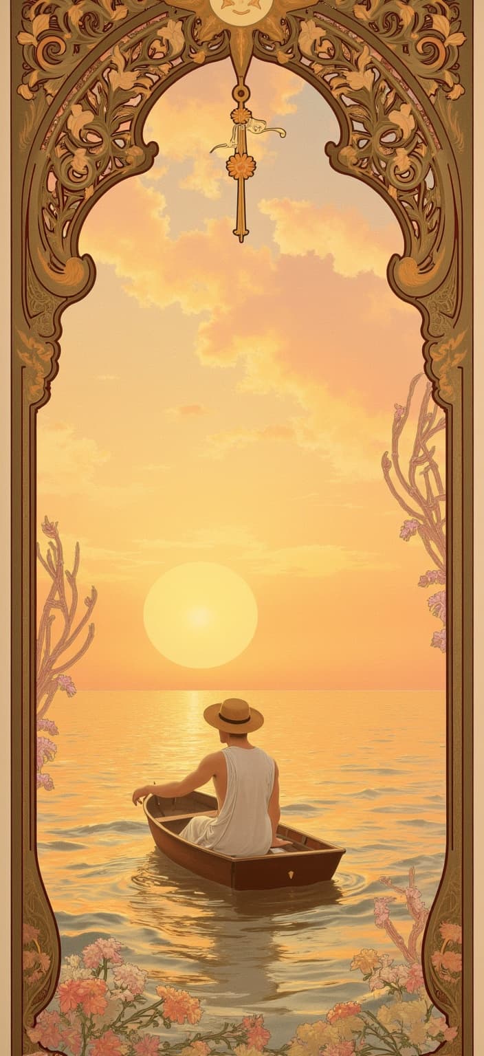mucha, In the heart of this digital wallpaper, a small rowboat is depicted with a man wearing a straw hat, as seen from behind, gently drifting through the rhythmic, undulating waves. These waves are a masterpiece in themselves, reflecting the warm hues of a breathtaking sunset that bathes the entire scene in golden and amber tones. The painting draws inspiration from a flowing, organic style characterized by intricate decorative patterns and a harmonious blend of natural motifs.
The water's surface is a symphony of flowing lines and undulating curves, capturing the gentle caress of the breeze and the subtle movement of the boat. The sunset not only paints the sky in a cascade of soft pinks, purples, and oranges but also casts a mesmerizing glow on the water, creating an ethereal interplay of light and shadow.
The scene is enriched with Mucha’s signature style, where delicate colors and exuberant floral motifs abound. Sinuous vines and blooming flowers intertwine with subtle geometric patterns, infusing the composition with a refined, ornamental quality. As your eyes travel upwards, celestial elements appear, with stars and crescent moons mingling amid the vines, adding a touch of mysticism and wonder to this romantic tableau.
Framing this dreamlike vista is an elaborate ornamental border, its sweeping curves and detailed embellishments reminiscent of a grand Gothic window. This intricate frame, adorned with organic patterns, flowers, and celestial symbols, serves as a portal into a realm where nature and human emotion intertwine in poetic harmony. It seamlessly brings together the fine art and design elements, ensuring a crisp, clean look suitable for digital wallpaper, inviting the viewer to drift into this magical world with the gentle rhythm of the waves.
