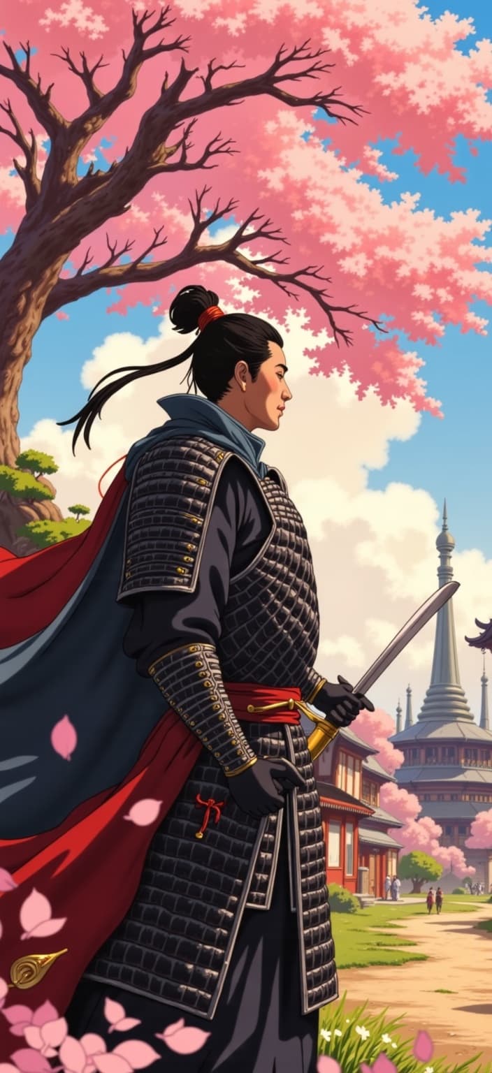 ghibli_illustration, Enriched prompt:
Create a captivating digital wallpaper featuring an ancient Japanese warrior, resplendent in intricately detailed black armor that glistens under the warm, natural lighting. The warrior, poised gracefully, holds a gleaming sword with both hands, its blade reflecting the radiant colors of the scene. This hand-drawn animation-inspired artwork should exude a whimsical yet honorable aura, capturing the essence of traditional Japanese culture.
The background should be richly detailed and feel vibrantly alive, with an array of traditional Japanese motifs subtly integrated into the scenery. Perhaps a serene cherry blossom tree stands gracefully in the distance, its petals gently cascading around the warrior, adding to the dreamlike quality of the scene. The environment should incorporate everyday objects such as ancient scrolls and intricately rendered textures that evoke a sense of tangible history.
The painting should have a soft, painterly texture with pencil sketch elements that offer a hand-drawn feel, complemented by subtle imperfections and organic movement. The use of bright, yet slightly muted colors should avoid harsh contrasts, creating a nostalgic and cozy atmosphere, inviting viewers to be drawn into this fantastical scene.
Position the warrior in the center of the composition, ensuring accurate proportions and clear visibility to maintain a crisp, clean look. This will make the artwork not only suitable for viewing but also ideal for printing onto digital wallpapers, offering a stunning and evocative portrayal that bursts with life and story.