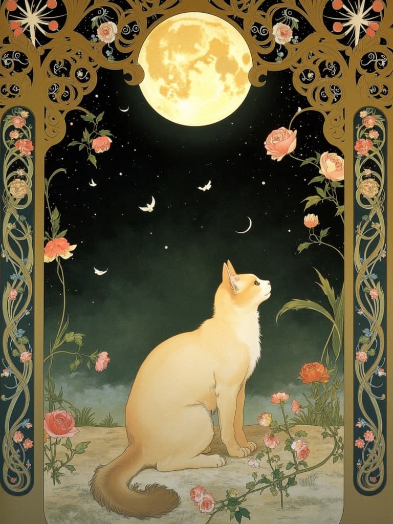 mucha, The painting captures a serene and mystical nocturnal scene centered around a cat, its gaze transfixed upwards towards the vast, starlit sky. The dark night is illuminated by the glowing presence of a full moon, casting a gentle, ethereal light that dances across the composition. The cat, positioned gracefully at the center, exudes an air of curiosity and tranquility as it sits amidst an opulent tapestry of flowing, organic lines and intricate decorative patterns.
Surrounding the feline, a lush garden of delicate flowers and winding vines unfurls, intertwining with celestial elements that evoke a sense of dreamlike wonder. The harmonious blend of natural motifs and stylized backgrounds conjures a romantic aesthetic that bridges the realms of fine art and design. The delicate colors transitioned smoothly from soft pastel hues to deeper, more vibrant tones, enhancing the painting's enchanting ambiance.
Incorporating Mucha’s signature style, exuberant floral motifs frame the scene, their sinuous vines and blooming flowers intertwined with subtle geometric patterns. These refined, ornamental qualities elevate the composition, adding layers of depth and texture.
The entire image is surrounded by an elaborate ornamental frame, with sweeping curves and detailed embellishments reminiscent of a grand Gothic window. This intricate border, adorned with organic patterns, radiant flowers, and celestial symbols, acts as both a visual unifier and a gateway to a fantastical realm. Here, nature and human emotion coexist harmoniously, interwoven in poetic harmony, perfect for a digital wallpaper that invites viewers into a tranquil and otherworldly experience.
