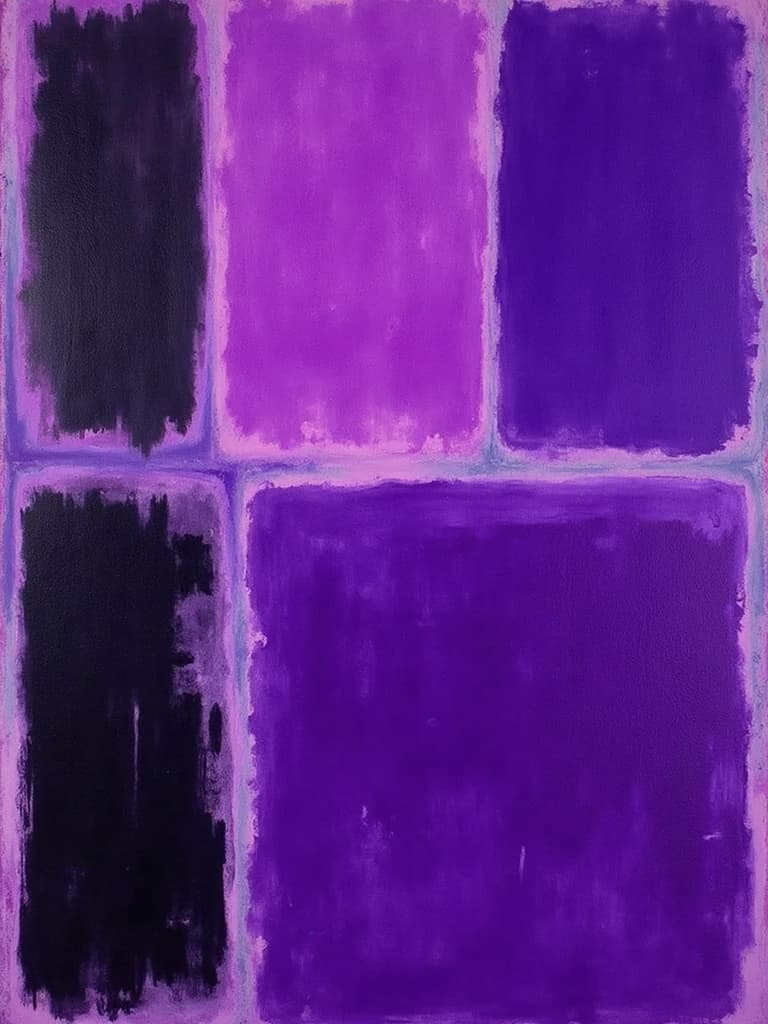 rothko, The painting features luminous blocks of purple and black, arranged with an ethereal quality that captivates the viewer's gaze. The composition is inspired by the style of complex layering of translucent color, where each layer delicately allows light to filter through, creating an enchanting appearance of "inner light" and remarkable luminosity. Up close, the colors melt and fuse together, with blurred boundaries that gently blur the edges between the shapes. From a distance, the soft-edged rectangles appear to hover weightlessly on the canvas, forming floating zones of vibrant color. The richly varied surfaces reveal paint drips and strokes that run in unconventional directions, adding depth and intrigue to the artwork. Designed with a crisp, clean center focus, this piece is perfectly suited for wall-art, promising to transform any space with its mesmerizing interplay of light and color.