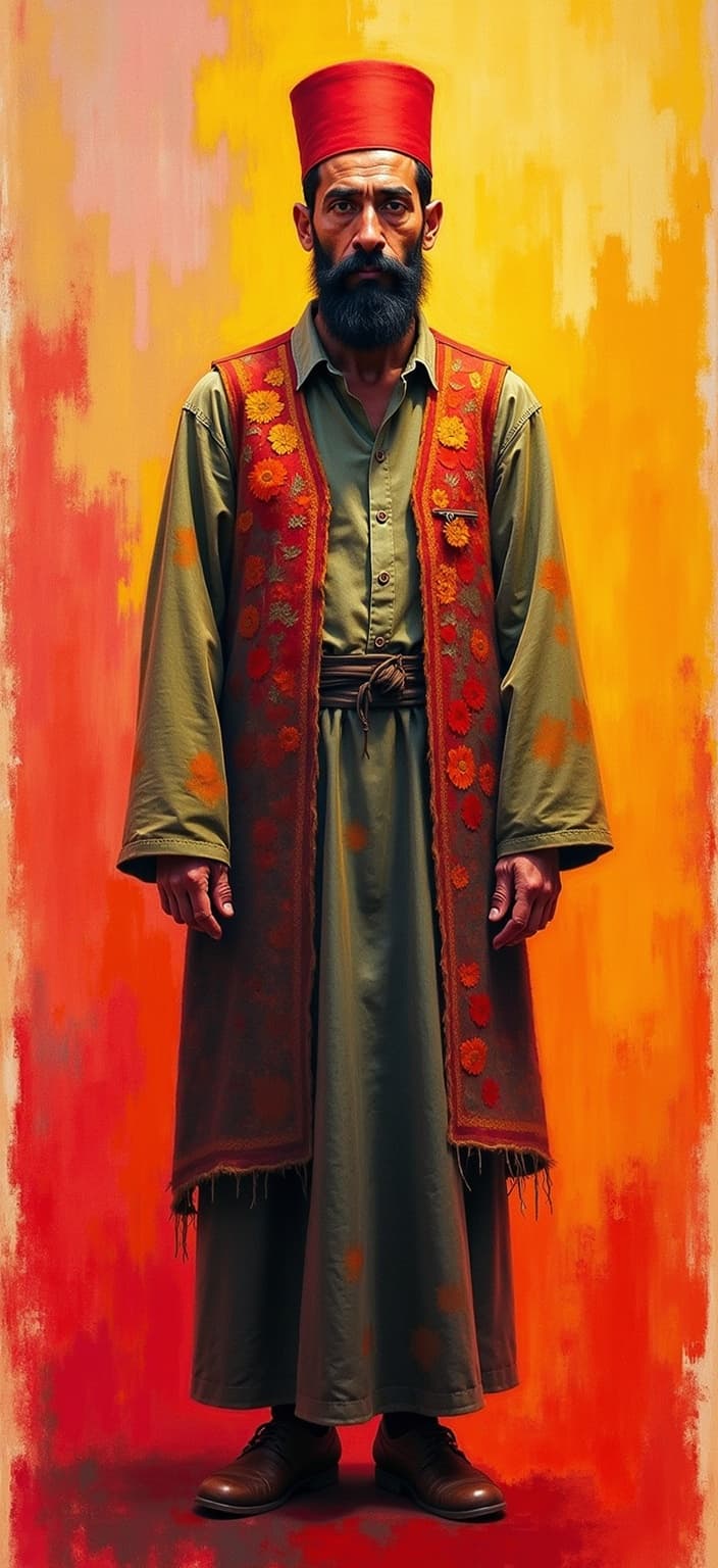 rothko, Create a captivating digital wallpaper featuring a Turkish man as the central figure. The composition should reflect the unique aesthetic of complex layering of translucent colors, allowing light to filter through and imparting the artwork with an appearance of "inner light" and remarkable luminosity. The Turkish man should be depicted in traditional attire, perhaps wearing a fez and a richly embroidered vest, standing with a dignified posture. His expression should convey a sense of wisdom and serenity, with intricate details in his facial features.
The painting should showcase a harmonious blend of colors, where at a close range, the hues seem to melt and fuse together, creating blurred boundaries between the shapes. From a distance, these soft-edged rectangles should hover weightlessly on the canvas, appearing as floating zones of color. This technique should produce richly varied surfaces, with paint drips or strokes running in unconventional directions, adding depth and complexity to the overall visual experience.
The artwork should be centrally composed to ensure a crisp and clean look, perfectly suited for printing as a digital wallpaper, enhancing any digital space with its ethereal and serene presence.