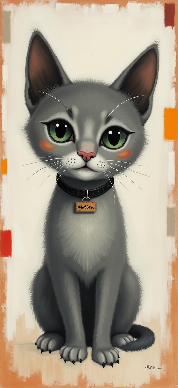 rothko, Envision a captivating painting that centers on a small, entirely gray kitten, exuding a sense of innocence and charm. The kitten's striking features include almond-shaped, vivid green eyes that seem to pierce through the image with warmth and curiosity. Around its delicate neck rests a collar, intricately designed with a tiny tag bearing the name "Motita" in elegant script. The painting draws inspiration from a complex layering of translucent color, allowing light to filter through and giving the composition an appearance of "inner light" and remarkable luminosity.
As you gaze upon the artwork, you notice at close range how the colors appear to melt and fuse together, creating blurred boundaries between the shapes. This effect lends an ethereal quality to the kitten's fur, with soft shades of gray transitioning seamlessly into each other. The richly varied surfaces capture your attention, with paint drips or strokes running in unconventional directions, contributing to the overall dynamic and mesmerizing nature of the piece.
From a distance, the soft-edged rectangles, formed by the interplay of light and shadow, seem to hover weightlessly around the kitten, creating floating zones of color that frame the central subject beautifully. This masterpiece, with its intricate layers and luminous appearance, is perfectly centered, ensuring a crisp, clean look that makes it ideal for printing as a digital wallpaper. The composition invites you into its serene yet vibrant world, where the essence of the gray kitten named Motita is immortalized with artistry and grace.