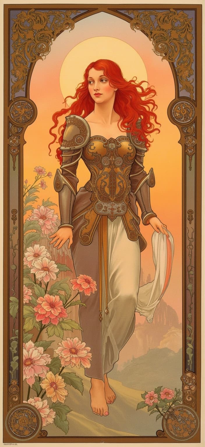 mucha, ('Amidst the backdrop of a breathtaking sunset, an anime woman with flowing red hair stands poised and resolute in her intricate armor. Her vivid locks cascade down her shoulders, echoing the fiery hues of the twilight sky behind her. The scene evokes the romantic elegance of the Art Nouveau style, characterized by flowing, organic lines and intricate decorative patterns that wind through the composition like a gentle breeze. Her armor, though robust, is adorned with elaborate motifs, capturing the essence of intertwining vines, delicate blossoms, and celestial elements that shimmer under the waning light.\n\nThe background is an elaborate tapestry of stylized beauty, with a dreamlike quality that seamlessly integrates fine art with design. Delicate pastel tones against the rich warmth of the sunset cast a soft glow over the entire piece. Sinuous vines and blooming flowers entwine harmoniously around her, while subtle geometric patterns and celestial symbols enhance the ornamental quality of the armor and setting.\n\nFraming this captivating scene is a grand, ornamental border reminiscent of a Gothic window. Its sweeping curves and detailed embellishments are adorned with organic patterns, flowers, and celestial symbols, creating a gateway into a realm where nature and human emotion poetically interlace. This exquisite composition is not only a feast for the eyes but also provides a serene and elegant touch perfect for decor, inviting viewers to step into this enchanted world and appreciate the serene beauty and strength of this red-haired warrior.',)