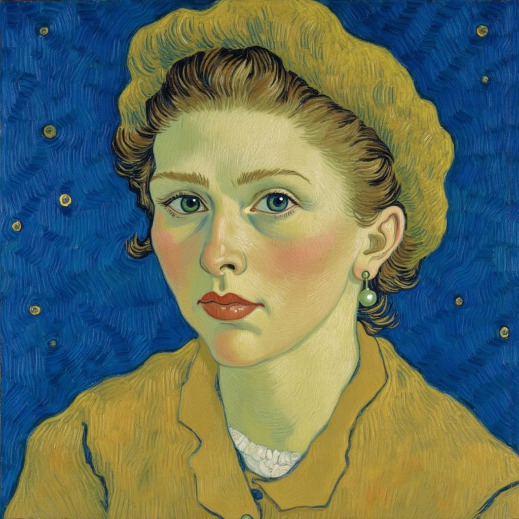 van_gogh, In a striking and expressive painting designed for digital wallpaper, a young girl emerges as the focal point, captivating the viewer with her serene presence. She is adorned with a delicate pearl earring, a subtle yet elegant accent that draws attention to her gentle, contemplative expression. Her attire and the earring glisten subtly, hinting at the simplicity and beauty of her character.
The background is a vivid blue, enveloping the scene in a calm yet intense aura that complements the girl's quiet gaze. The painting is imbued with intense color, employing dynamic brushwork and bold, expressive compositions. The artist uses vivid, rich colors, applied in thick, impasto layers, to infuse the scene with a sense of movement and emotional depth.
Bold complementary color contrasts, such as hints of orange against the blue background, are skillfully incorporated, heightening the visual impact and intensity of the composition. Brushstrokes are loose and energetic, swirling in curly, flame-like patterns, resonating with a rhythmic, almost pulsating quality. This dynamic touch, combined with vigorous, linear patterns, imparts a unique sense of motion and life within the artwork.
The painting is infused with raw emotion and a sense of urgency, making the piece both deeply personal and universally compelling. The composition is carefully centered, ensuring a crisp, clean look that is suitable for printing as a digital wallpaper, where the young girl's timeless allure and the artwork's vibrant energy can be prominently displayed.