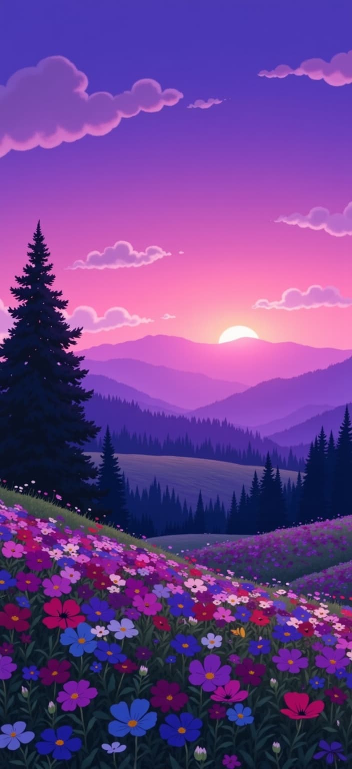 ghibli_illustration, Title: "Dreamscape at Dusk"
Envision a breathtaking violet sunset, painted in the style of hand-drawn animation, where every element of the scene is infused with a whimsical and joyful aesthetic. The composition is centered to ensure a crisp, clean look, perfectly suited for digital wallpaper display. The scene captures the transition of day into night with a radiant violet hue that washes over the sky, casting a warm glow that bathes the landscape in an inviting embrace.
The painting is imbued with richly detailed backgrounds that feel alive; from the gently rolling hills in the distance to the silhouettes of towering trees whose branches sway softly under the evening breeze. These elements are meticulously rendered, offering a sense of nostalgia and dreamlike quality, evoking feelings of comfort and tranquility.
Foreground elements include blooming wildflowers, whose vibrant tones mingle harmoniously with the sunset's palette, and capture light in a way that magnifies their beauty. These everyday textures are crafted with painterly softness, evoking a lived-in world, with subtle pencil sketches adding depth and character.
The scene is bathed in soft, natural lighting that highlights the organic movement of the clouds drifting lazily across the sky. The vivid colors are slightly muted, creating a seamless blend that avoids harsh contrasts, preserving the dreamlike aura. All characters or elements, if present, are accurately proportioned and distinctly visible, framed beautifully within the violet twilight.
This enchanting image serves as a portal to a serene escape, inviting the viewer to immerse themselves in its cozy, inviting mood and the harmonious dance of colors and light.