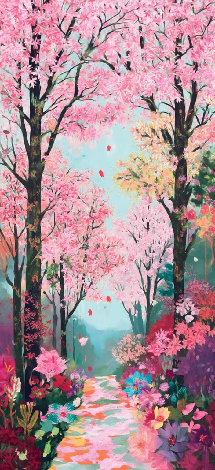 colorful_illustration, The painting captures a serene scene featuring pink cherry trees in full bloom, their graceful branches arching over a quiet path. Each tree is a cascade of vibrant pinks, with countless blossoms adding texture and depth to the canopy. Tiny sparrows and bluebirds, depicted in mid-flight and perched on branches, add a lively element to the composition, their delicate feathers rendered with intricate detail.
The style of the painting draws inspiration from a vibrant and colorful illustration with a playful, dynamic, and hand-drawn feel. The background is a tapestry of organic shapes and scattered decorative elements. Various leaves and floral motifs are harmoniously arranged across the canvas, contributing to a natural, free-flowing quality. The intricate composition is lavish and decorative, combining bold organic shapes with delicate details. Scattered ornamental elements such as dots, swirls, and abstract motifs give the artwork a sense of depth and movement.
The luxurious layering of colors and patterns enhances the richness of the scenery, while the organic shapes and radial floral patterns create a harmonious, hand-drawn feel reminiscent of Scandinavian folk art and mid-century botanical prints. Petals gently fall through the air, enhancing the serene and poetic atmosphere.
The image is centered to provide a crisp, clean aesthetic suitable for a digital wallpaper, ensuring that the viewer can appreciate the intricate details and vibrant colors of this nature-inspired scene.