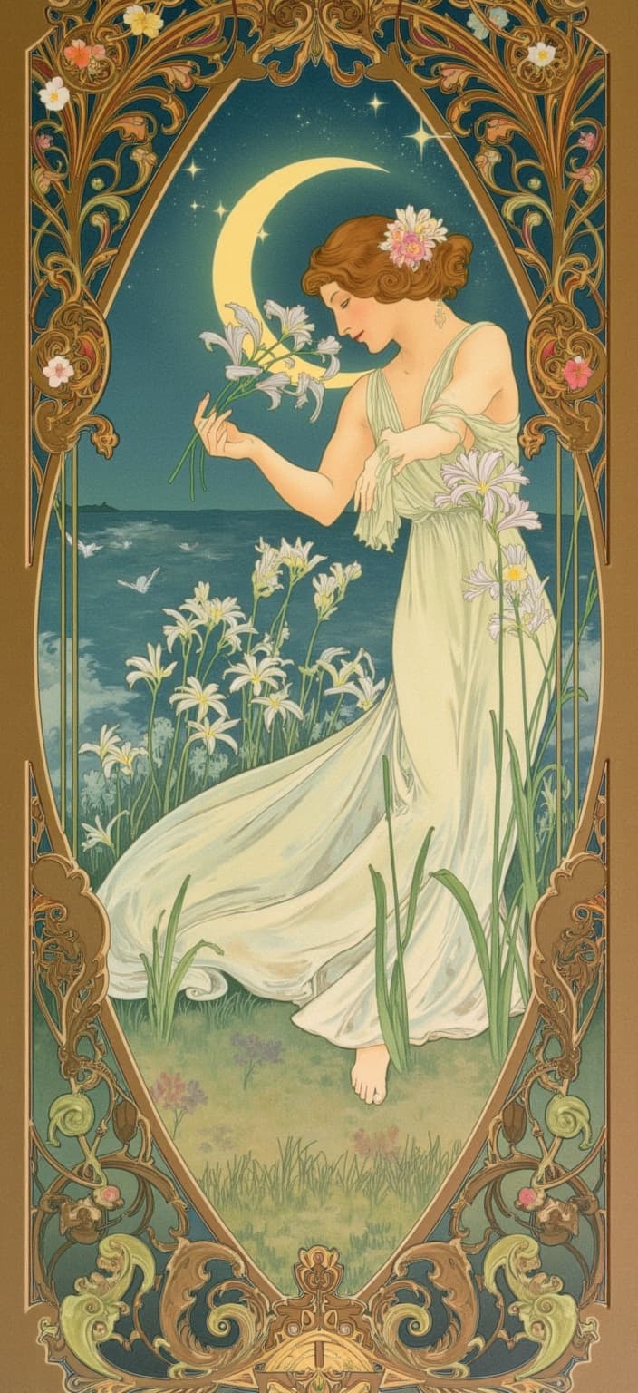 mucha, Imagine a mesmerizing, dreamlike painting that captures the serene edge of a tranquil lake, nestled under a canopy of a starry night sky. This enchanting scene is inspired by the flowing, organic lines and intricate decorative patterns reminiscent of Art Nouveau style, inviting the viewer into a world where nature and art entwine gracefully. At the forefront, elegant iris flowers, delicate bullrushes, and gently swaying reeds create a lush tapestry of botanical beauty. Dragonflies, with their fragile wings glistening under the celestial glow, flit gracefully across the scene, adding a touch of ethereal life.
Sinuous vines weave through the composition, their tendrils adorned with blooming flowers that exude an air of romanticism and tranquility. The painting employs a harmonious color palette, featuring delicate hues that resonate with a soft, poetic charm. The background is a vision of highly stylized wonder, a seamless fusion of fine art and design that unfolds an ethereal, dreamlike aesthetic.
The entire scene is elegantly framed within an elaborate ornamental border. This intricate frame, characterized by Art Nouveau's iconic whiplash curves and adorned with organic patterns and floral motifs, creates a captivating enclosure. Each side of the border displays a unique asymmetry, enhancing the picture's dynamic flow. Reminiscent of a grand Gothic window, the detailed embellishments and celestial symbols serve as both a visual anchor and a gateway into this fantastical realm where nature's splendor and human emotion intertwine in poetic harmony.
This painting is crafted specifically for a digital wallpaper, designed to grace the background of a smartphone with its serene yet vibrant energy. The composition ensures that the central scene remains crisp and clean, presenting a visually stunning piece that is both captivating and serene, transporting the viewer to a dreamlike world every time they glance at their device.