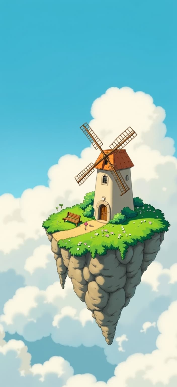ghibli_illustration, A fantastical scene unfolds in this digital wallpaper, where a whimsical windmill perches gracefully on an ethereal island floating amidst the clouds in a serene sky. The composition, inspired by hand-drawn animation, radiates a joyful and nostalgic aesthetic, characterized by richly detailed backgrounds that feel alive and vibrant. The windmill, with its gently rotating sails, serves as the central focal point, drawing the viewer into its enchanting domain.
The island itself is a patchwork of textures; lush greenery cascades over its edges, while tiny flowers dot the landscape, each petal lovingly illustrated with subtle imperfections. A soft, painterly texture envelops the entire scene, evoking a hand-drawn feel where pencil sketches hint at the artist's touch. Organic movement is captured in the gentle sway of the clouds, which dance around the island in an embrace of warm, natural lighting.
The palette is vivid yet slightly muted, with bright colors balancing a dreamy, nostalgic quality. Soft pastels merge with intricate details to avoid harsh contrasts, maintaining a harmonious and inviting mood. Everyday objects, like a quaint bench near the windmill or a small bird perched on its railing, are meticulously rendered, offering a tangible and lived-in feel to the artwork.
Ensuring accurate proportions, the windmill and its island are carefully centered, ensuring a crisp, clean look suitable for a digital wallpaper. This dreamlike composition captures a sense of wonder and tranquility, inviting the viewer to escape into a world where the whimsical and the serene coexist in perfect harmony.