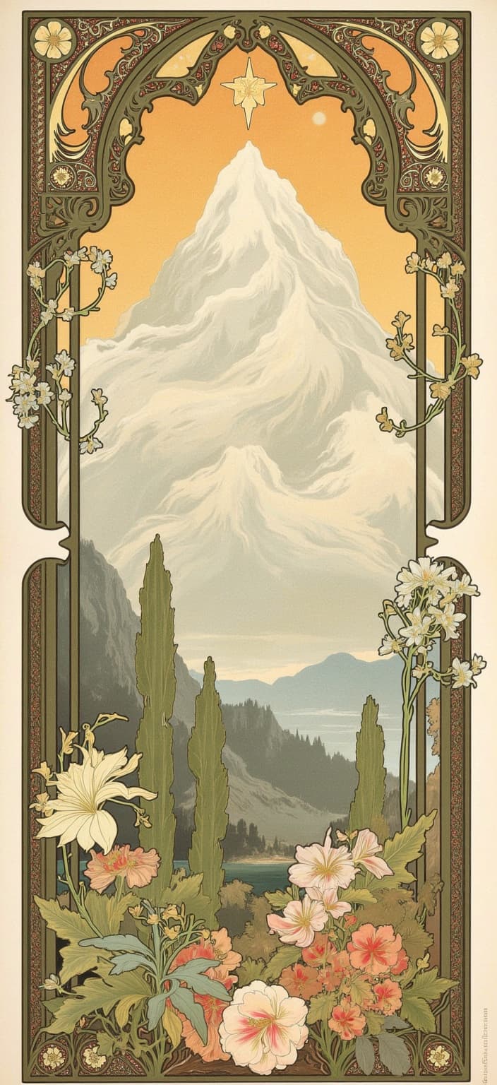 mucha, Enriched prompt:
Imagine a captivating digital wallpaper depicting a majestic mountain, its towering peak rising gracefully in the center of the composition. The scene draws inspiration from the flowing, organic lines and intricate decorative patterns of Art Nouveau, particularly invoking the style of Mucha. The mountain is enveloped in a dreamlike, romantic aesthetic, seamlessly blending fine art with design.
Surrounding the mountain, a harmonious blend of natural motifs unfolds, featuring sinuous vines, blooming flowers, and subtle geometric patterns. These elements weave together to create an exuberant tapestry of delicate colors, enhancing the overall composition with a refined, ornamental quality. The sky above is adorned with celestial symbols, merging seamlessly into the highly stylized background that adds depth and wonder to the scene.
Enclosing this breathtaking landscape is an elaborate ornamental frame, reminiscent of a grand Gothic window. Its sweeping curves and detailed embellishments form a visual unifier, adorned with organic patterns, flowers, and celestial symbols. This intricate border serves as a gateway into a dreamlike realm, where the grandeur of nature and the depths of human emotion intertwine in poetic harmony.
This stunning depiction is centered to provide a crisp, clean look, perfectly suited for a digital wallpaper, inviting viewers into a timeless and enchanting world.