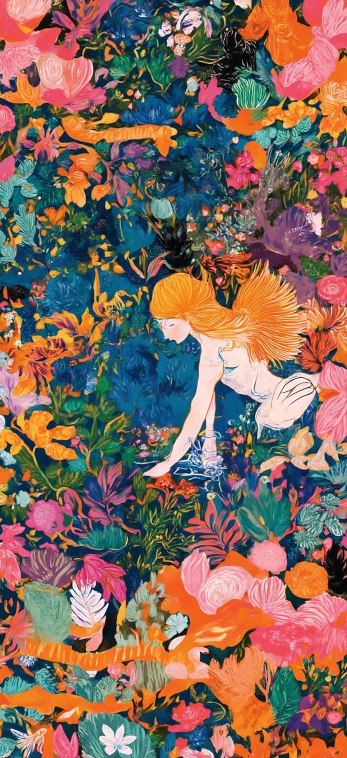 colorful_illustration, In this digital wallpaper, you are transported to a serene and magical world where a peaceful fairy kneels at the edge of a lily pond. The scene is vibrant and colorful, exuding a playful, dynamic, and hand-drawn feel that draws the viewer into its enchanting atmosphere. The fairy, adorned with delicate wings that shimmer with hues of iridescence, gently touches the water's surface with her fingertips, creating ripples that dance across the pond.
Surrounding her are graceful koi fish, their scales glinting in the gentle light, weaving gracefully among the blooming lotus blossoms that float serenely on the water. The fairy's reflection is captured in the mirror-like water, forming a mesmerizing mirrored pattern that adds depth and mystique to the composition.
The background is a symphony of organic shapes, with scattered decorative elements creating a natural, free-flowing quality. Various leaves and floral elements are harmoniously arranged, inspired by the lavish, decorative style reminiscent of Scandinavian folk art and mid-century botanical prints. The intricate composition blends bold organic shapes with delicate details, featuring ornamental elements like dots, swirls, and abstract motifs.
A luxurious layering of colors and patterns creates a sense of depth and movement, inviting the viewer to explore every intricacy of the design. The organic shapes and radial floral patterns add to the harmonious, hand-drawn feel, making the artwork not only a picturesque depiction of a fairy's dreamlike moment but also an exquisite piece of art suitable for digital wallpaper, enhancing any space with its captivating beauty.