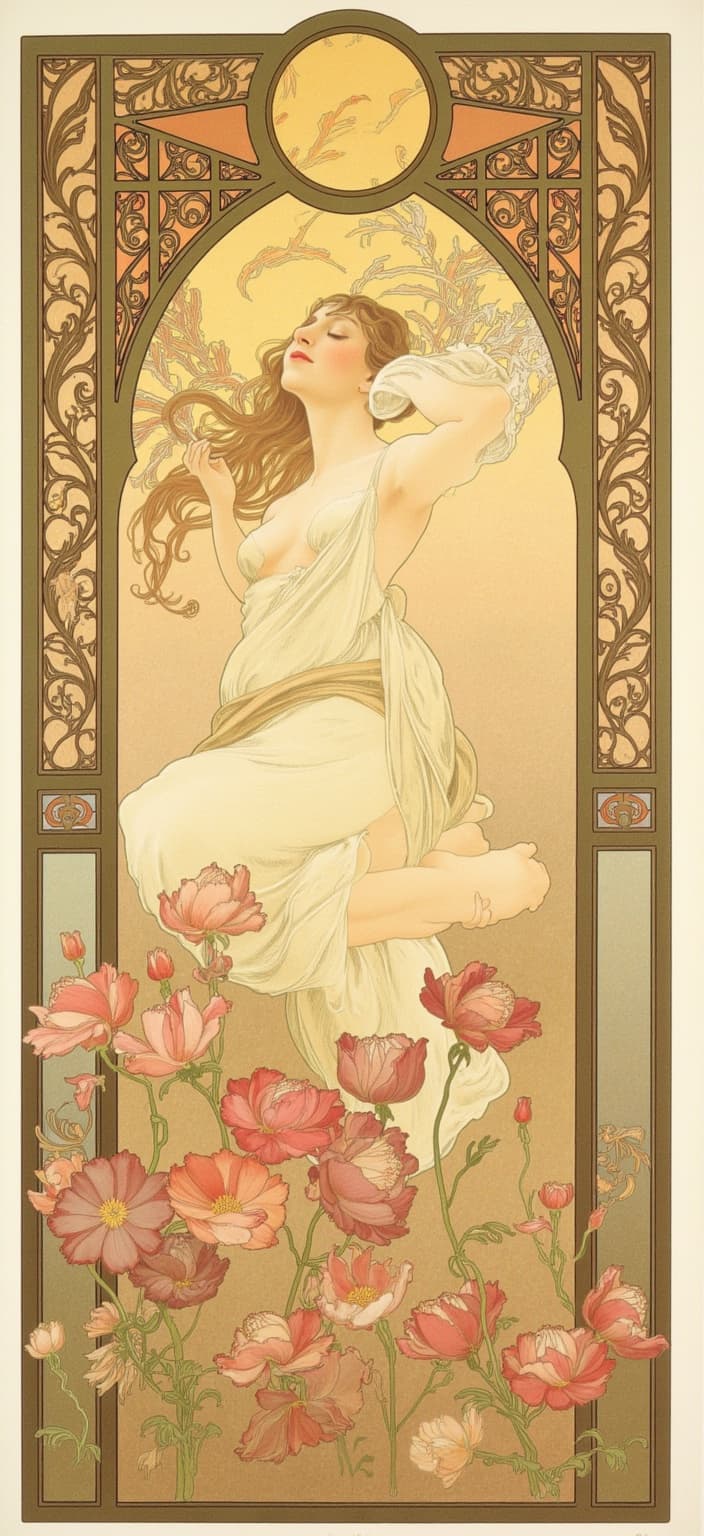mucha, In the center of this enchanting digital wallpaper, an elegant and serene cat is depicted luxuriating in a sun bath. The feline is poised with an aura of sophistication and tranquility, its eyes half-closed in a state of pure bliss as the sun's gentle rays caress its sleek, fur-covered form. The scene captures the essence of the cat's leisurely existence, embodying a sense of peace and contentment.
The painting draws inspiration from the flowing, organic lines and intricate decorative patterns characteristic of the Art Nouveau style. The background is a tapestry of harmonious natural motifs, featuring an elaborate array of blooming flowers and sinuous vines that seem to dance around the cat, forming a dreamlike, romantic aesthetic. Delicate colors blend seamlessly, creating an ethereal atmosphere that envelops the entire composition.
Sinuous vines weave through the scene, intertwining with exuberant floral motifs that enhance the composition's refined, ornamental quality. Subtle geometric patterns provide a structured elegance, further enriched by celestial elements that add a touch of the mystical. The entire painting is enclosed within an elaborate ornamental frame, reminiscent of a grand Gothic window. This frame, adorned with sweeping curves and detailed embellishments, is a visual masterpiece in itself, featuring organic patterns, flowers, and celestial symbols.
As if it were a portal into another world, this intricate border serves as a gateway into a dreamlike realm where nature and emotion unite in poetic harmony. The composition, centered and meticulous in its detailing, provides a crisp, clean look that is ideal for printing as a digital wallpaper, transforming any space into a sanctuary of artful serenity.