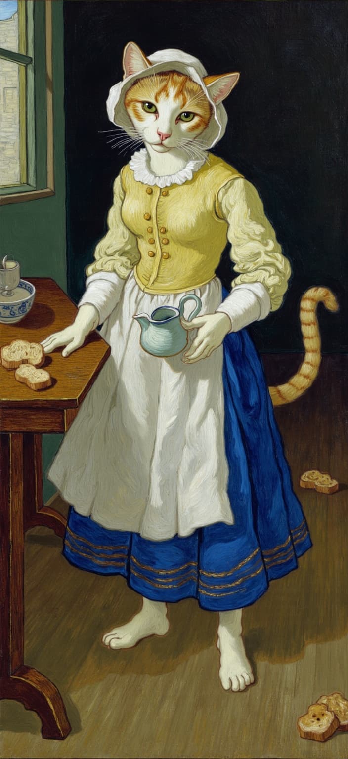 van_gogh, The anthropomorphic cat, a captivating blend of feline grace and human-like poise, stands in the center of the painting, drawing inspiration from Vermeer’s ‘The Milkmaid.’ The cat's fur is a harmonious blend of white and orange, its texture meticulously captured to reflect the softness and warmth of a living creature. Clad in a traditional 17th-century Dutch dress, the ensemble comprises a vibrant blue skirt that cascades elegantly to the floor, a luminous yellow bodice that catches the ambient light, and a pristine white headscarf framing the feline features with a touch of historical authenticity.
The rustic wooden table beside the cat serves as a stage for an array of kitchen objects, with the centerpiece being a ceramic jug poised gracefully in the cat's paw, pouring milk into a waiting bowl. Scattered around are pieces of bread, their crusts detailed with textured brushstrokes, adding to the sense of a lived-in, yet timeless household scene. The gentle play of natural light from a small window on the left infuses the scene with a soft glow, highlighting surfaces and casting tender shadows that enhance the peaceful and serene atmosphere.
Painted in a style rich with intense color and dynamic brushwork, the artwork channels the bold, expressive compositions of post-impressionist influences. Vivid, rich colors leap from the canvas in thick, impasto layers, creating a sense of movement and emotional depth. The artist employs striking complementary color contrasts, such as the blue of the skirt against the orange feline fur, to heighten visual impact. Brushstrokes are loose yet deliberate, with swirling patterns reminiscent of flame-like motifs, evoking a rhythmic pulse that brings the scene to life.
This dynamic touch, combined with vigorous, linear patterns, infuses the work with a unique motion, capturing a moment both intimate and universally relatable. As a digital wallpaper, the painting’s centered composition ensures a crisp, clean look, making it an ideal artistic backdrop that invites viewers into a world where classical realism meets vivid modern expression.