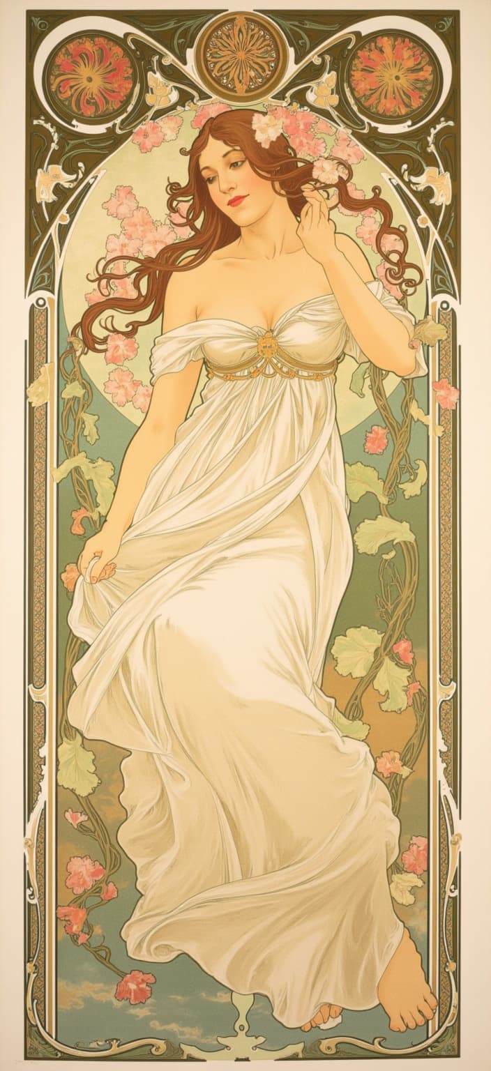 mucha, In the enchanting Art Nouveau style of Alphonse Mucha, envision a digital wallpaper centered around a serene scene that effortlessly captures the essence of a graceful woman immersed in a tranquil spring garden at dawn. The composition radiates with the elegance of the Art Nouveau movement, where flowing, organic lines and intricate decorative patterns intertwine.
At the heart of this image, the woman dances with ethereal grace, her flowing dress seemingly alive as it catches the first light of the soft, golden dawn. The fabric of her attire mirrors the subtle shimmer of morning dew, cascading around her in a symphony of motion that resonates with the soft rustling of the petals and leaves that encircle her. Her expression is one of serene joy, embodying a harmonious blend of nature and emotion.
The background unfurls into a dreamlike garden scene, where cherry blossoms are in full bloom, their delicate petals casting a gentle pink hue that contrasts beautifully with the fresh green of the intertwining vines. The garden is bathed in the tender embrace of the dawn's light, which filters through in dappled patterns, adding depth to the romantic aesthetic of the scene. The air, filled with the fresh scent of morning and the soft melody of gentle birdsong, adds an audible layer to this visual tapestry.
Encapsulating this idyllic scene is an elaborate ornamental frame, echoing the grandeur of a Gothic window. Its sweeping curves and detailed embellishments, adorned with organic patterns of flowers and celestial symbols, act as both a visual anchor and a passageway into this poetic realm. This intricate border not only unites the various elements of the composition but also invites the viewer to immerse themselves in a seamless blend of fine art and design, where nature's beauty and the elegance of human creation coexist in perfect harmony.
This image, designed with crisp, clean lines, is ideally suited for a digital wallpaper, offering a fresh and sophisticated aesthetic that transforms any digital space into a serene slice of artful nature.