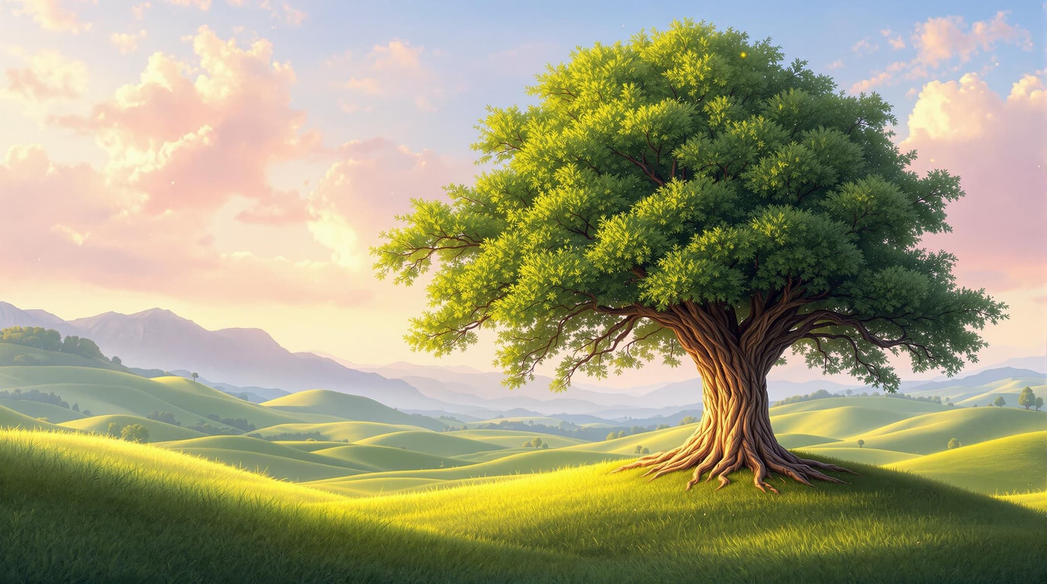 , An exquisite digital wallpaper that captures the timeless essence of a beautiful tree nestled in a serene valley. This artwork, inspired by the classical style, opens a window into a tranquil landscape where a magnificent tree stands as the centerpiece. Its lush, expansive canopy boasts a myriad of rich green hues, interspersed with golden highlights as if kissed by the gentle rays of a setting sun. The valley in which it resides is an idyllic haven, surrounded by softly rolling hills that stretch into the horizon. The play of light and shadow across these hills creates a sense of depth and tranquility, reminiscent of the grandeur found in classical paintings.
The composition is meticulously balanced to ensure a crisp, clean look, perfect for a digital wallpaper. The focus remains on the tree, its grandeur echoing the majestic trees seen in timeless works of art. The sky above is painted with subtle brushstrokes, blending soft pastels of pink, orange, and purple, casting a serene glow across the landscape. The texture of the tree’s bark is rendered in intricate detail, inviting the viewer to appreciate its ancient strength and beauty.
This digital masterpiece marries the elegance of classical artistry with modern digital techniques, creating an image that evokes both nostalgia and contemporary aesthetic appeal, making it an ideal centerpiece for a digital wallpaper.