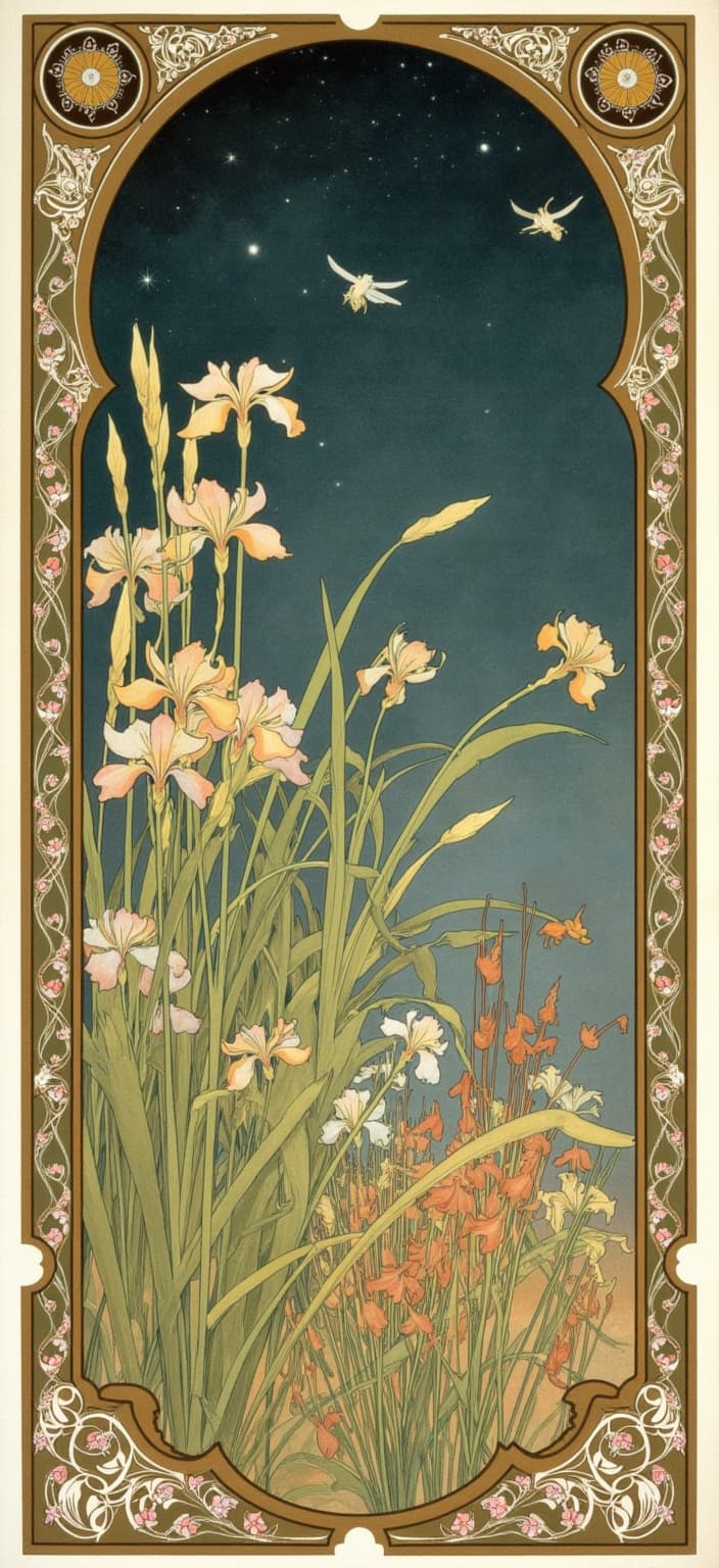 mucha, Amidst a serene tableau, dragonflies gracefully flutter among a dense gathering of iris flowers, bullrushes, and reeds. This tranquil scene unfolds beneath a starry night sky, where each star twinkles with an ethereal glow. The dragonflies, with iridescent wings catching the starlight, seem to dance in a silent symphony with the gentle breeze swaying the delicate flora. These elements are beautifully framed by the sweeping, asymmetrical whiplash curves of the art nouveau style, evoking a sense of graceful movement and organic vitality.
The painting draws inspiration from the flowing, organic lines characteristic of the art nouveau movement. Intricate decorative patterns weave throughout, incorporating a harmonious blend of natural motifs such as flowers, vines, and celestial elements. These patterns are set against a highly stylized background, creating a dreamlike, romantic aesthetic that seamlessly merges fine art with design—a hallmark of Alphonse Mucha’s influence. Delicate colors wash over the scene in a palette that exudes a sense of calm and wonder, while exuberant floral motifs composed of sinuous vines and blooming flowers enrich the composition with a refined, ornamental quality.
Encircling the entire scene is an elaborate ornamental frame, reminiscent of a grand Gothic window. This intricate border, adorned with sweeping curves, detailed embellishments, organic patterns, and celestial symbols, serves as a visual unifier. It acts as a gateway into a dreamlike realm where nature and human emotion intertwine in poetic harmony, capturing the viewer's imagination and inviting them to linger in this serene, enchanted world. The image is perfectly centered, ensuring a crisp, clean look, ideal for digital-wallpaper, transforming any screen into a peaceful escape.