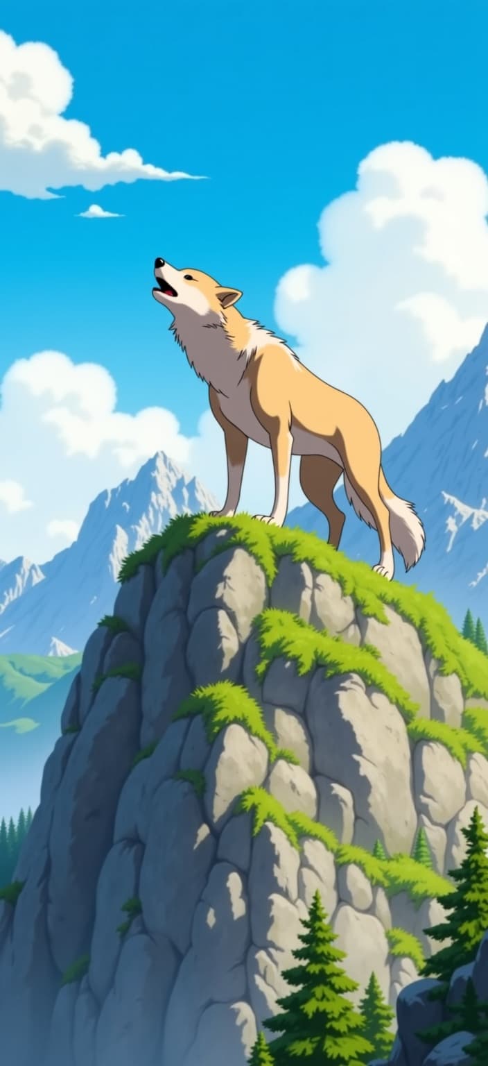 ghibli_illustration, A captivating hand-drawn animation painting centers on a majestic mountain peak, with a commanding wolf poised atop in a triumphant howling position. The scene is imbued with richly detailed backgrounds that convey a sense of vitality and depth, capturing the essence of nature's grandeur. The mountain, with its rugged cliffs and gentle slopes, is meticulously rendered to evoke a sense of majesty and timelessness, while the surrounding landscape is lush with foliage and subtly detailed textures that feel both tangible and inviting.
The wolf, the painting's focal point, is animated with expressive character designs, its fur depicted with soft, painterly textures that highlight the subtle imperfections and organic movement inherent in nature. Its gaze is directed skyward, the posture dynamic, capturing a moment of spirit and freedom. Its form is accurately proportioned, standing prominently against the backdrop, ensuring crisp visibility suited for digital wallpapers.
The color palette is composed of bright yet slightly muted hues, incorporating warm, natural lighting that bathes the scene in a cozy and inviting glow. This choice of colors maintains a dreamy, nostalgic quality, eschewing harsh contrasts to create a serene atmosphere. Everyday textures, from the rocky terrain to the delicate play of light across the wolf's fur, are meticulously rendered, enhancing the lived-in feel of this timeless tableau. The overall composition is designed with care, providing a clean and harmonious aesthetic perfect for elevating any digital space with nature's beauty.