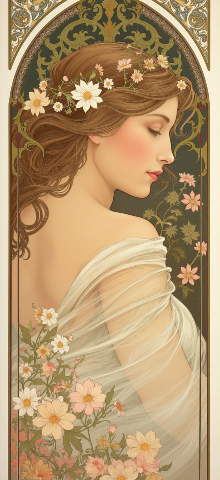 mucha, In this captivating digital painting, you'll find a mesmerizing portrait of a beautiful young woman, her serene expression captured with an ethereal grace that seems to transcend time. Her features are rendered with flowing, organic lines that guide the viewer's eye effortlessly across the canvas. Her eyes, both captivating and tender, are windows into a dreamlike realm where nature and human emotion intertwine. Her hair cascades elegantly, interwoven with intricate decorative patterns reminiscent of delicate vines and blooming flowers, accentuating her natural beauty with a touch of romanticism.
The background is a harmonious blend of natural motifs such as flowers, vines, and celestial elements, all intricately designed to create a highly stylized, enchanting setting. This setting evokes a sense of fluidity and movement, reminiscent of flowing water or a gentle breeze, amplifying the dreamlike, romantic aesthetic of the composition. Delicate colors, much like those favored by Mucha, imbue the scene with a soft, exuberant quality, where subtle geometric patterns provide a refined, ornamental backdrop that enhances the overall harmony of the piece.
The entire scene is enclosed within an elaborate ornamental frame, with sweeping curves and detailed embellishments that echo the grandeur of a Gothic window. This frame, adorned with organic patterns, flowers, and celestial symbols, not only unifies the visual elements but also serves as a gateway into this poetic dreamscape. The intricate border invites viewers to explore the fine art intertwined with design, where every detail is crafted to create a sense of serenity and wonder.
This exquisite digital painting is centered, ensuring a crisp, clean look that is perfectly suited for a digital wallpaper, providing both elegance and inspiration to any digital device it graces.