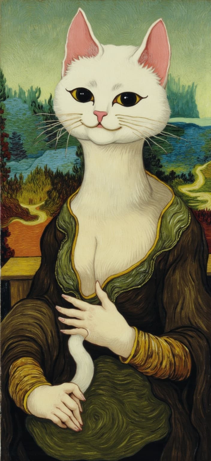 van_gogh, The artwork captures a whimsical yet striking depiction of a white cartoon-style cat in the iconic pose of the Mona Lisa, crafted with a blend of realism and illustration. The cat, with its large, elegant eyes and soft, knowing smile, exudes a calm and enigmatic expression that mirrors the timeless allure of da Vinci's masterpiece. Its pink inner ears add a touch of playful innocence, contrasting beautifully against a dark brown Renaissance-style dress adorned with intricate gold embroidery. Draped over its shoulders is a greenish-brown shawl, adding depth and texture to the attire.
The background unfolds into a soft-focus landscape that echoes the original painting, with winding paths leading the eye towards distant, misty mountains. This serene setting provides a harmonious contrast to the dynamic portrayal of the subject, thus maintaining the iconic composition.
Drawing inspiration from a style characterized by intense color and dynamic brushwork, the painting employs vivid, rich colors applied in thick, impasto layers. This approach imbues the image with a sense of movement and emotional depth, enhanced by bold complementary color contrasts—such as swirls of blue and orange, or hints of yellow and purple—that elevate its visual impact and intensity. The brushstrokes are loose and energetic, swirling across the canvas in curly, flame-like patterns that breathe rhythm and pulse into the scene, echoing the vibrant energy of the style.
This unique fusion of whimsy and intensity creates a digital wallpaper that is as captivating as it is suitable for display, ensuring a crisp, clean look that enlivens any space with its bold, expressive composition and universal appeal.