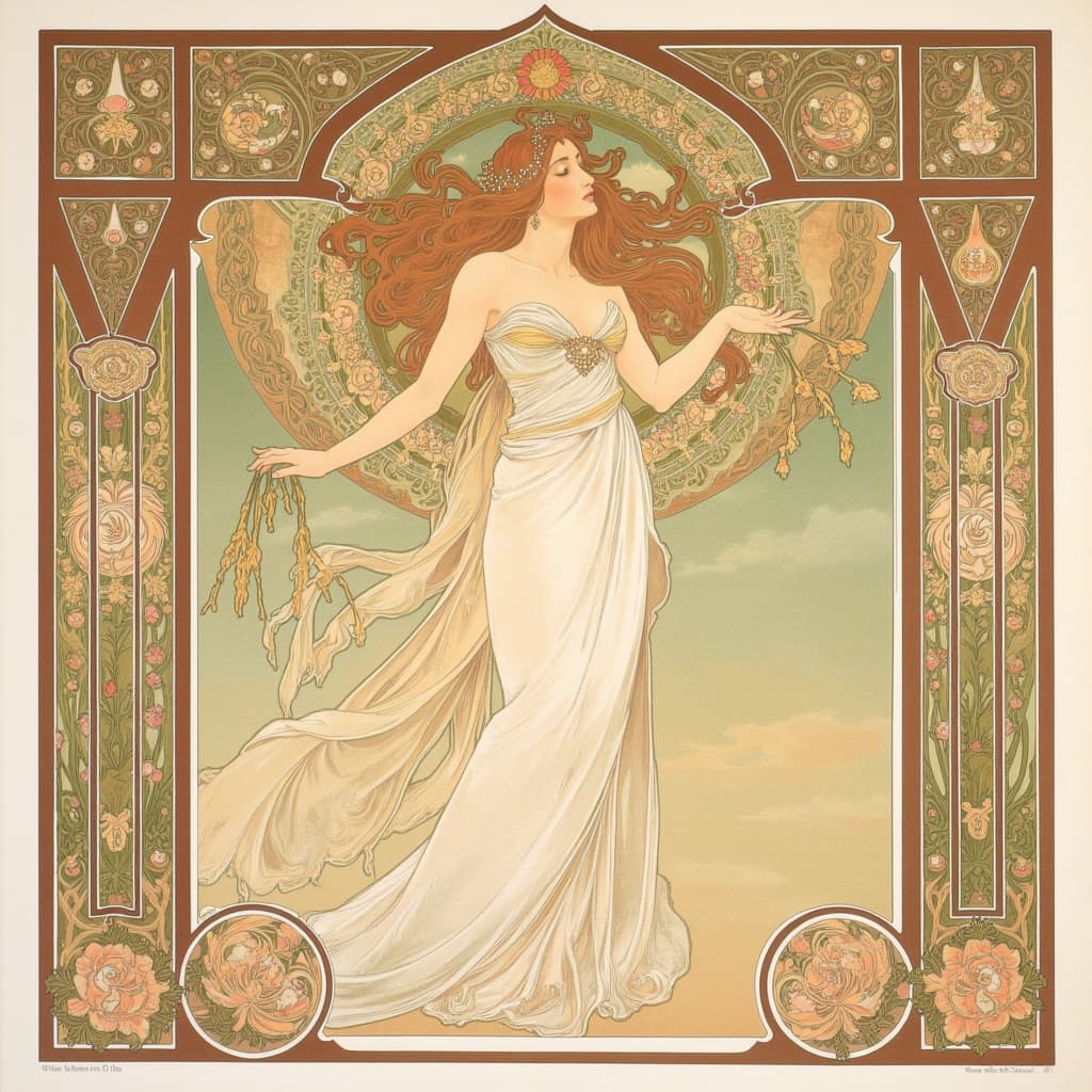 mucha, The painting features a nymph-like female figure, resplendent with ornate decorations, embodying an ethereal elegance. She stands gracefully at the center, her flowing hair and delicate pose exuding a sense of serene beauty. Her attire is an intricate tapestry of swirling patterns and soft hues, harmoniously blending with the natural motifs that envelop her. These motifs include delicate flowers, sinuous vines, and subtle celestial elements that seem to dance around her form, creating a dreamlike aura.
The background is a masterpiece of stylized artistry, where fine art meets design in a romantic, ethereal setting. Intricate decorative patterns reminiscent of Alphonse Mucha's iconic style weave through the scene, forming a rich tapestry of sinuous vines, blooming flowers, and subtle geometric patterns. The color palette is a delicate fusion of soft pastels and gentle earth tones, lending the composition an ornamental quality that is both refined and exuberant.
Encasing this enchanting scene is an elaborate ornamental frame, akin to a grand Gothic window. Its sweeping curves and detailed embellishments draw inspiration from nature, featuring organic patterns, vibrant flowers, and celestial symbols. This intricate border not only serves as a visual unifier but also acts as a gateway into a poetic realm where nature and human emotion entwine in harmonious elegance.
The entire composition is designed with precision and balance, ensuring a crisp, clean look that is perfect for printing as wall art. The central positioning of the figure and the symmetry of the frame create a captivating centerpiece, inviting the viewer into a world where art, nature, and dream converge.